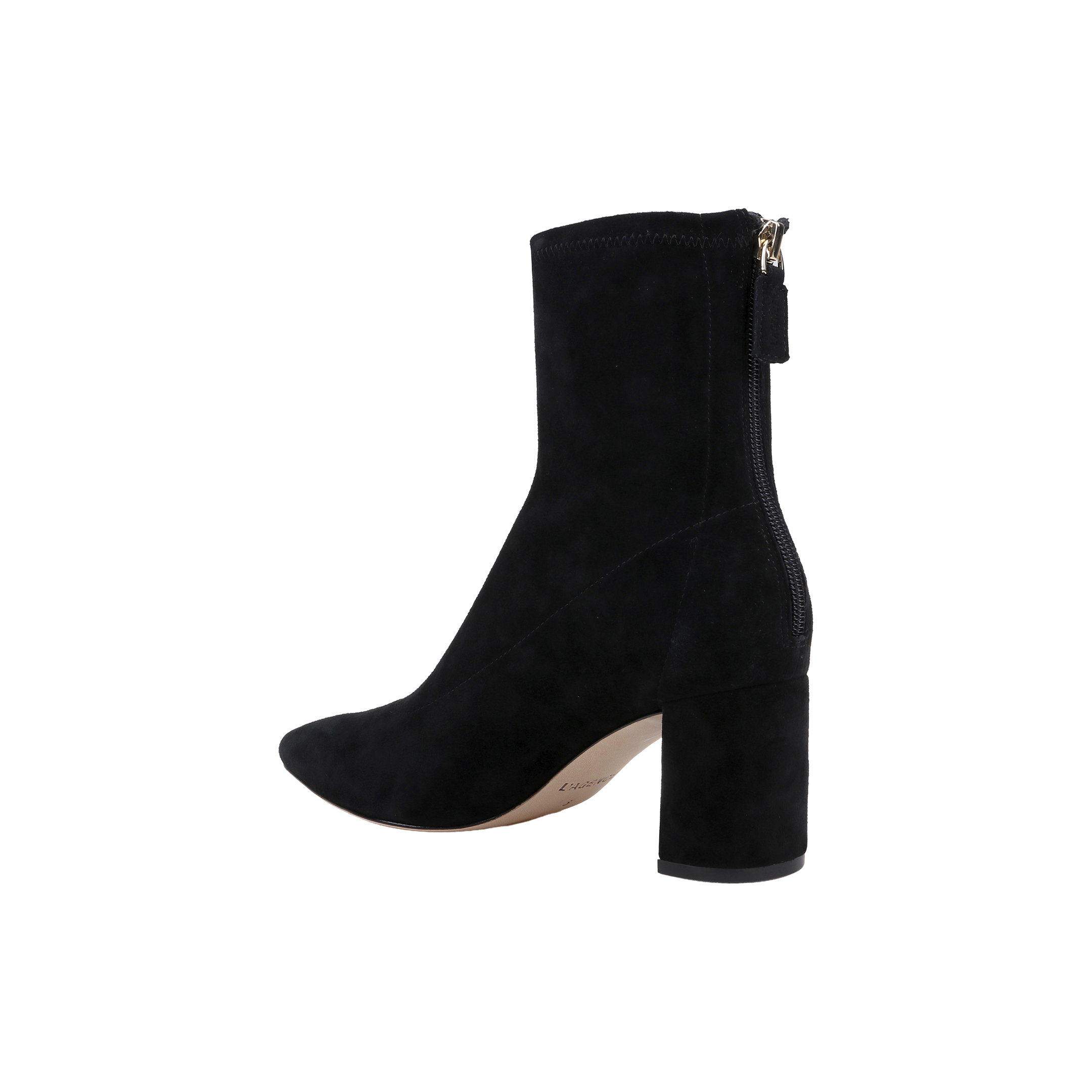 The Salome Stretch Suede Boot is a black ankle boot with a mid-high block heel, shown in side view. This boot features a pointed toe and a visible back zipper, all set against a plain white background.