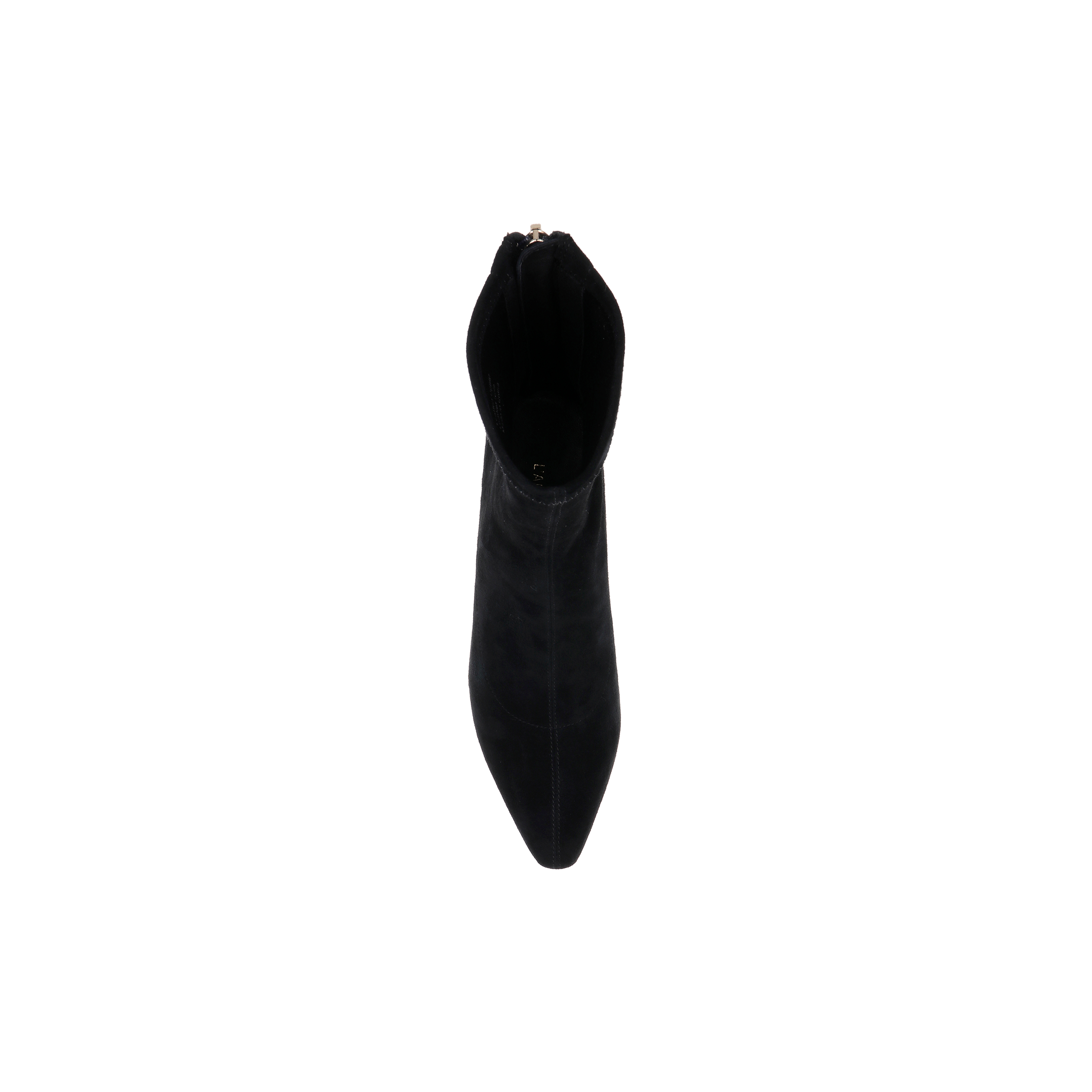 Top view of a single Salome Stretch Suede Boot in black, featuring a pointed toe and block heel, photographed on a plain white background.