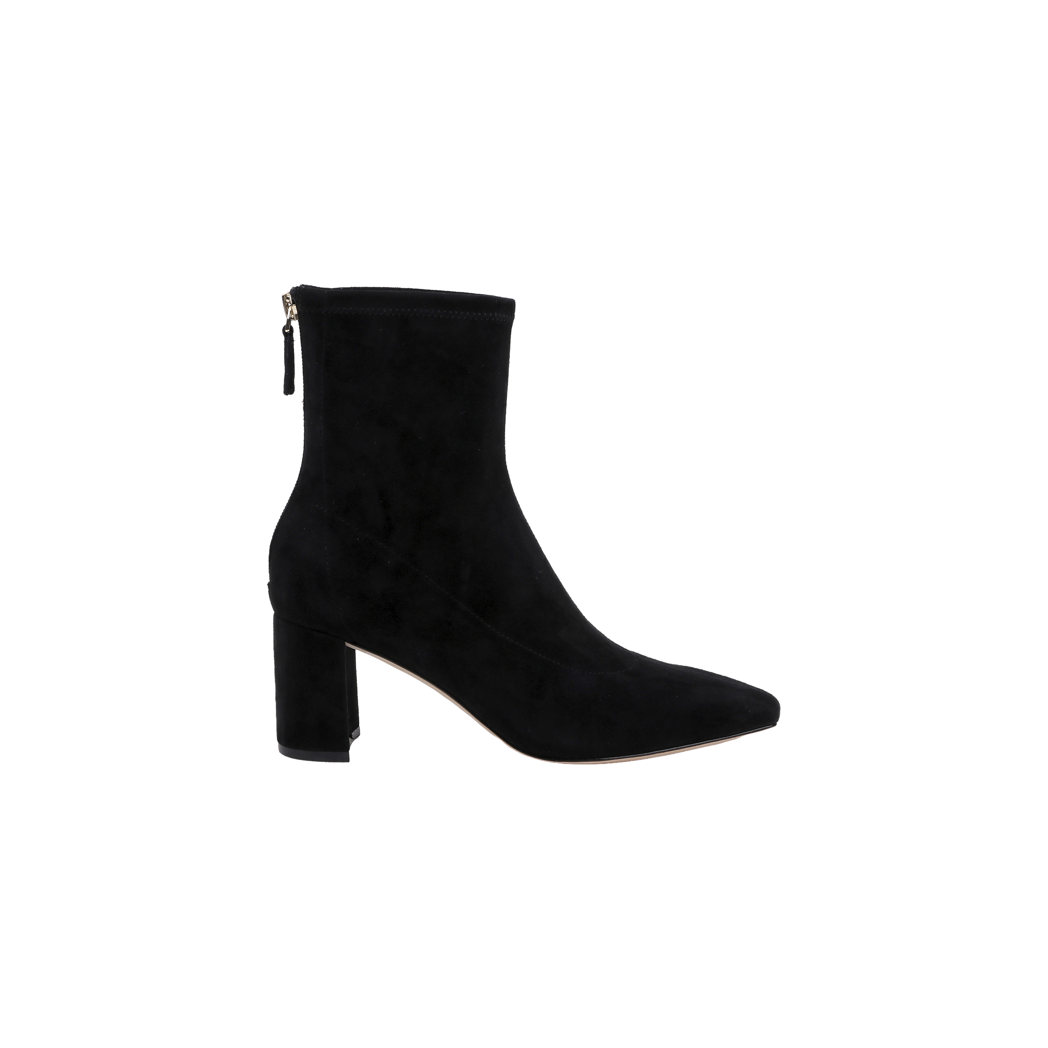 Salome Stretch Suede Boot in black suede features a pointed toe, block heel, and a zipper at the back. Photographed against a plain white background, this ankle boot is shown from the side to highlight its silhouette.