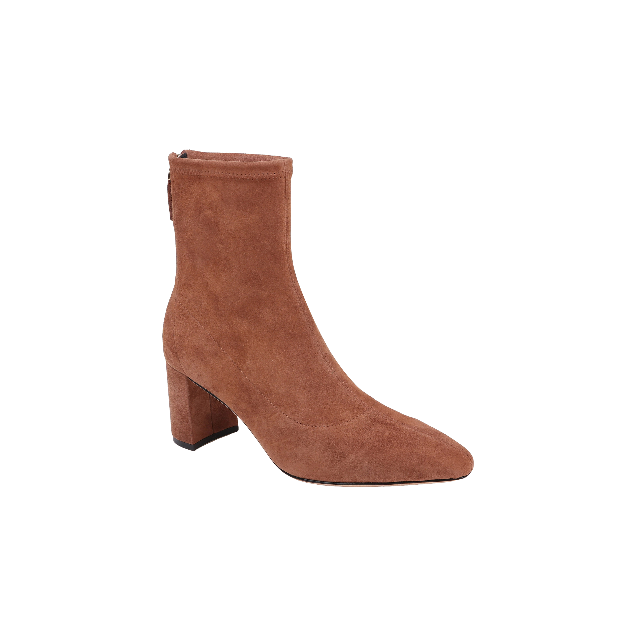 The Salome Stretch Suede Boot is shown as a single brown ankle boot with a block heel and a back zipper, displayed on a white background.