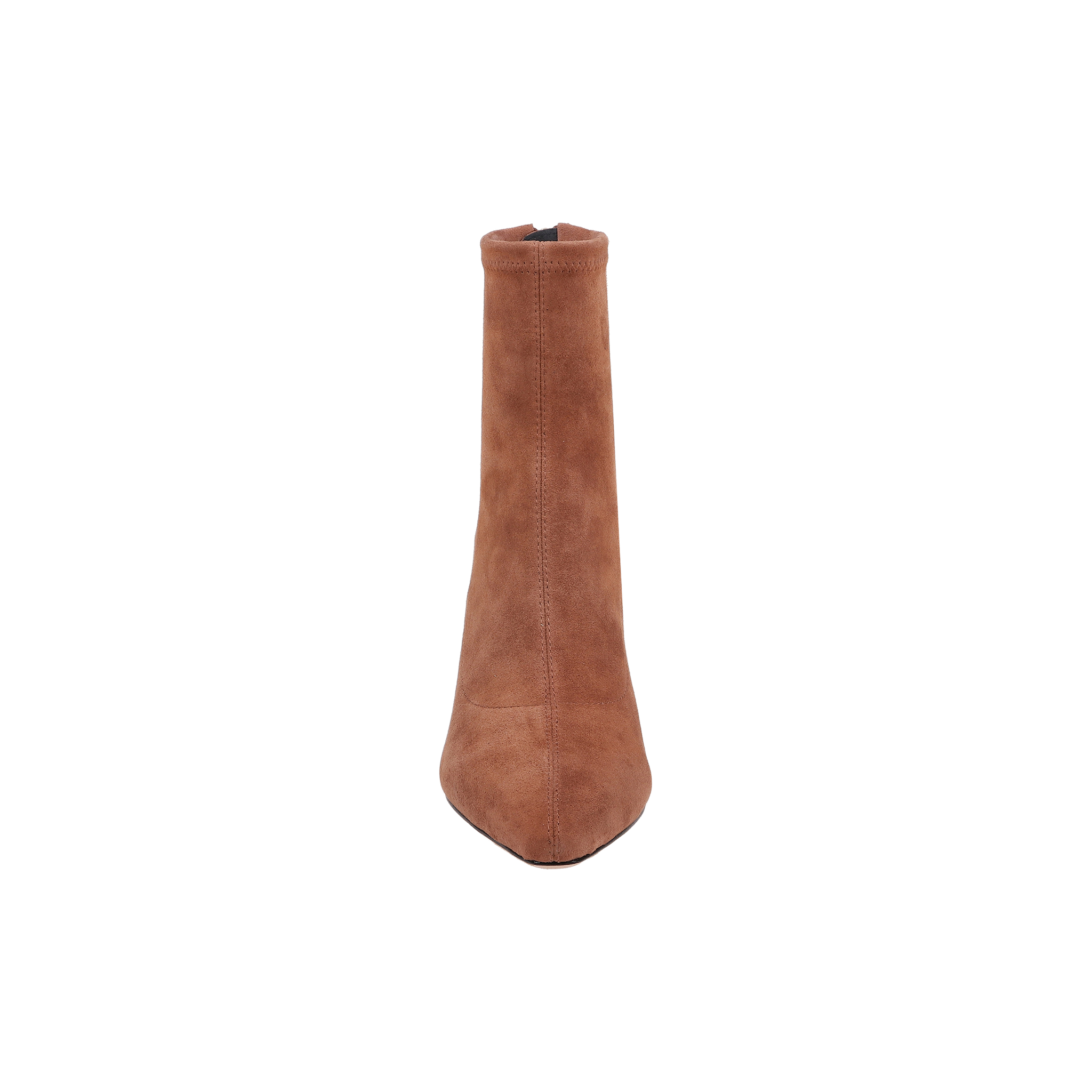 Front view of the Salome Stretch Suede Boot in brown, featuring a pointed toe and block heel, isolated on a white background.