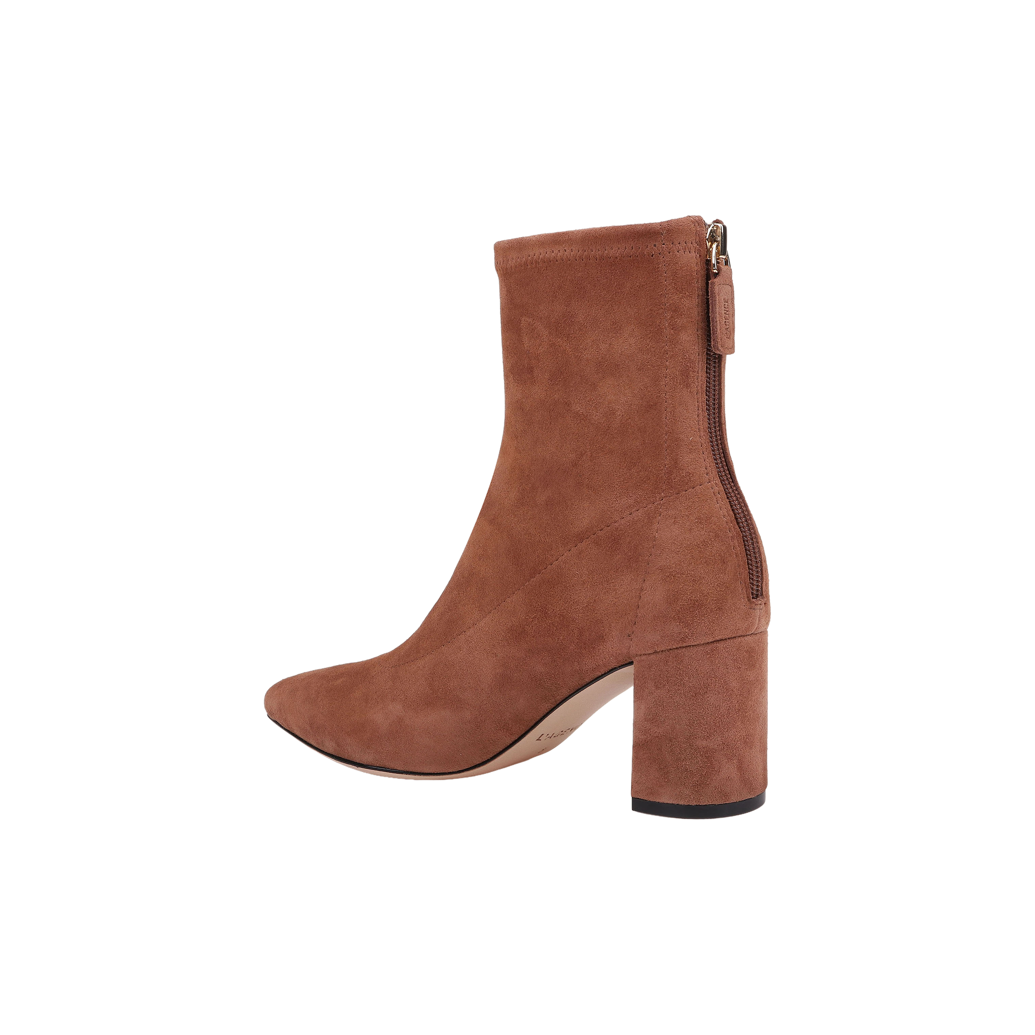 Salome Stretch Suede Boot in brown suede, featuring a block heel and pointed toe with a visible back zipper. The boot is photographed from the left side against a plain white background.