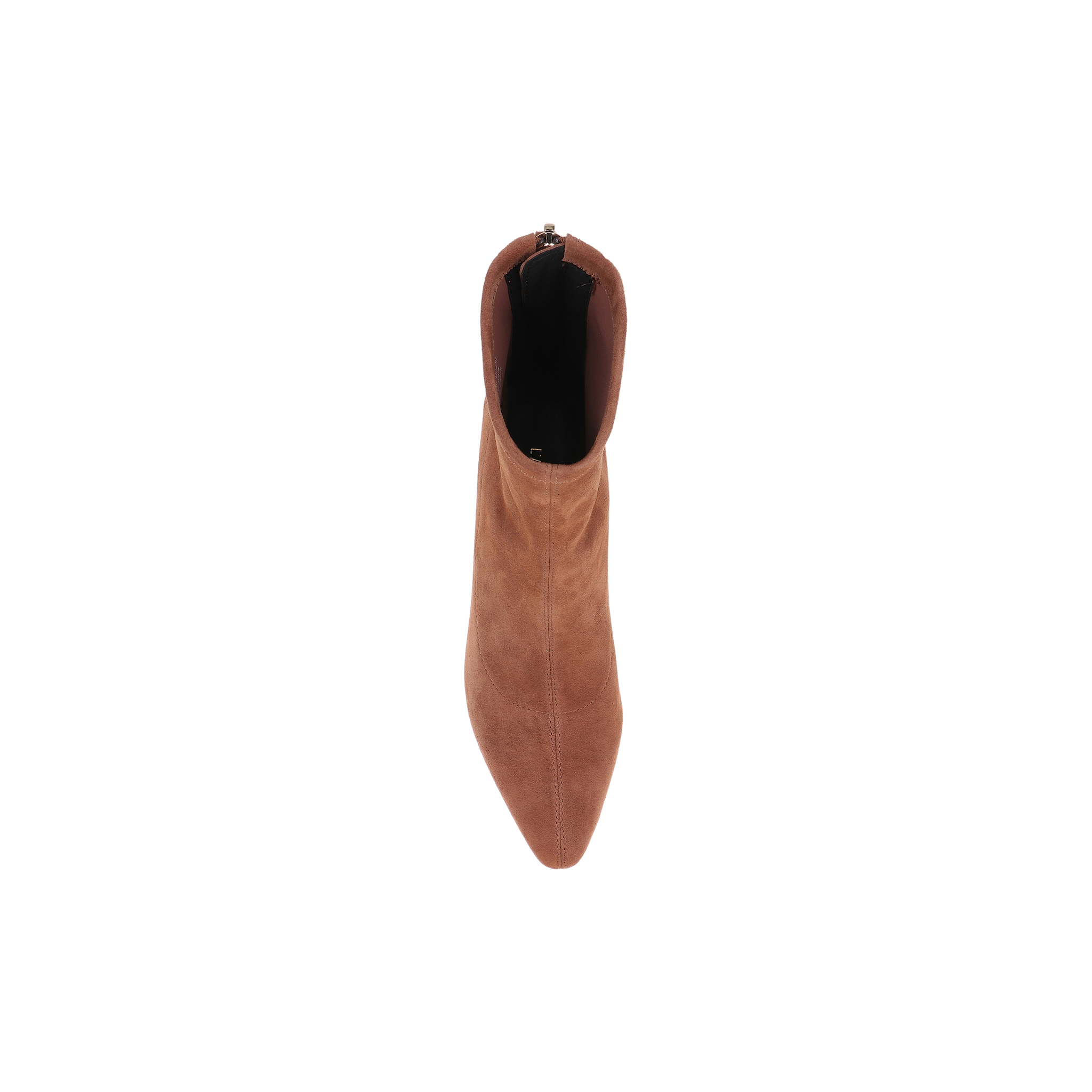 Top view of the Salome Stretch Suede Boot in brown, featuring a pointed toe, block heel, and visible back zipper, set against a plain white background.