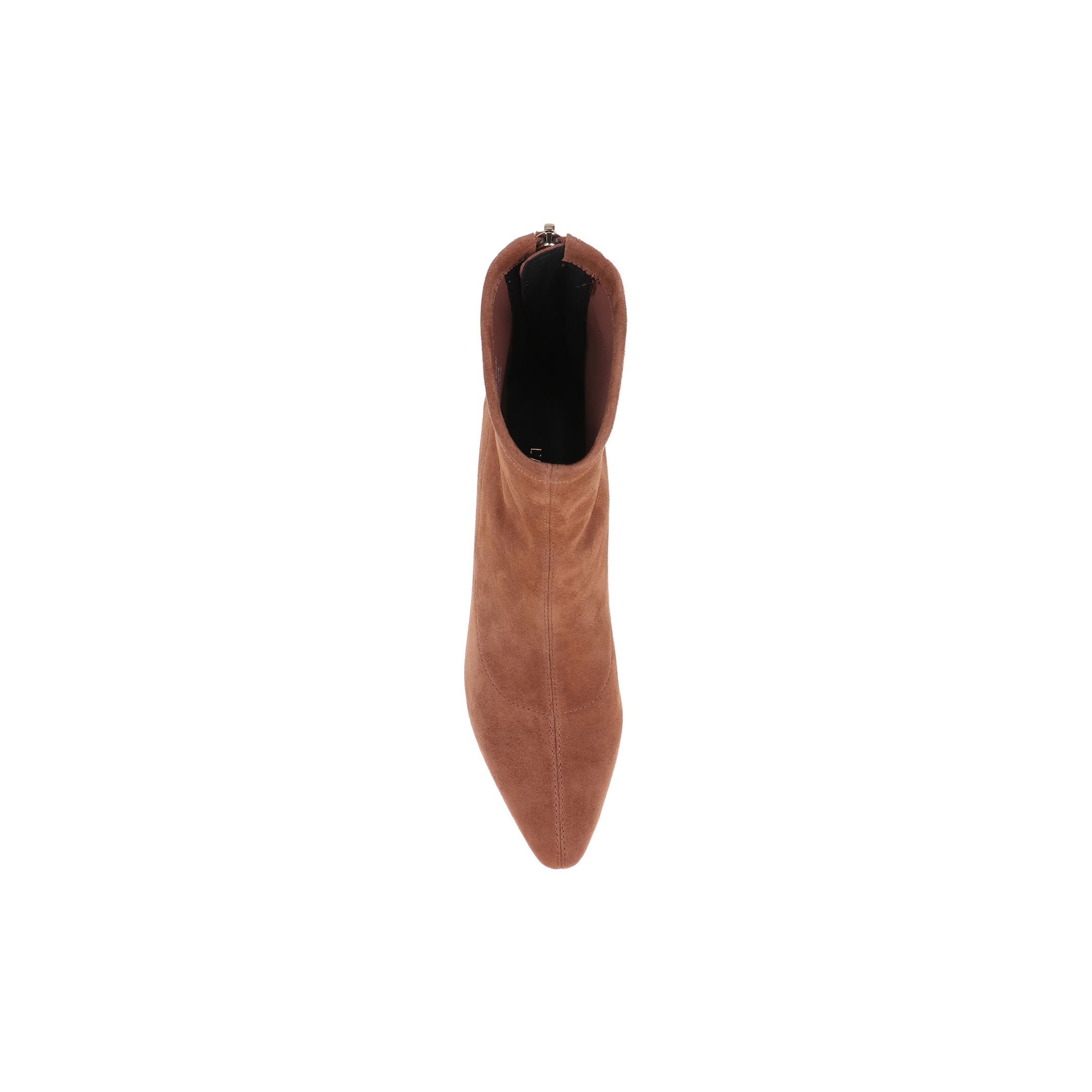 Top view of the Salome Stretch Suede Boot in brown, featuring a pointed toe, block heel, and visible back zipper, set against a plain white background.