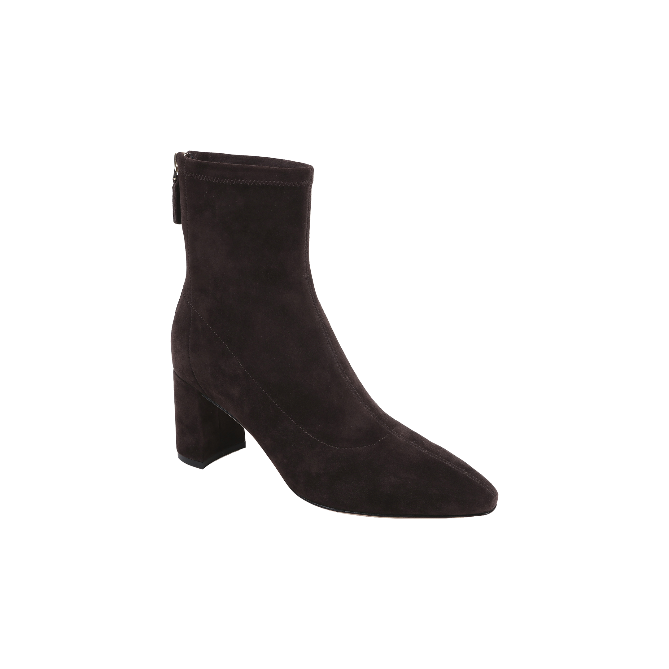 The Salome Stretch Suede Boot is a dark brown ankle boot crafted from suede, designed with a pointed toe, a mid-height block heel, and a convenient back zipper.