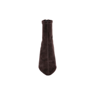 The Salome Stretch Suede Boot, shown from above on a white background, features a single dark brown suede ankle design with a pointed toe and visible central stitching.