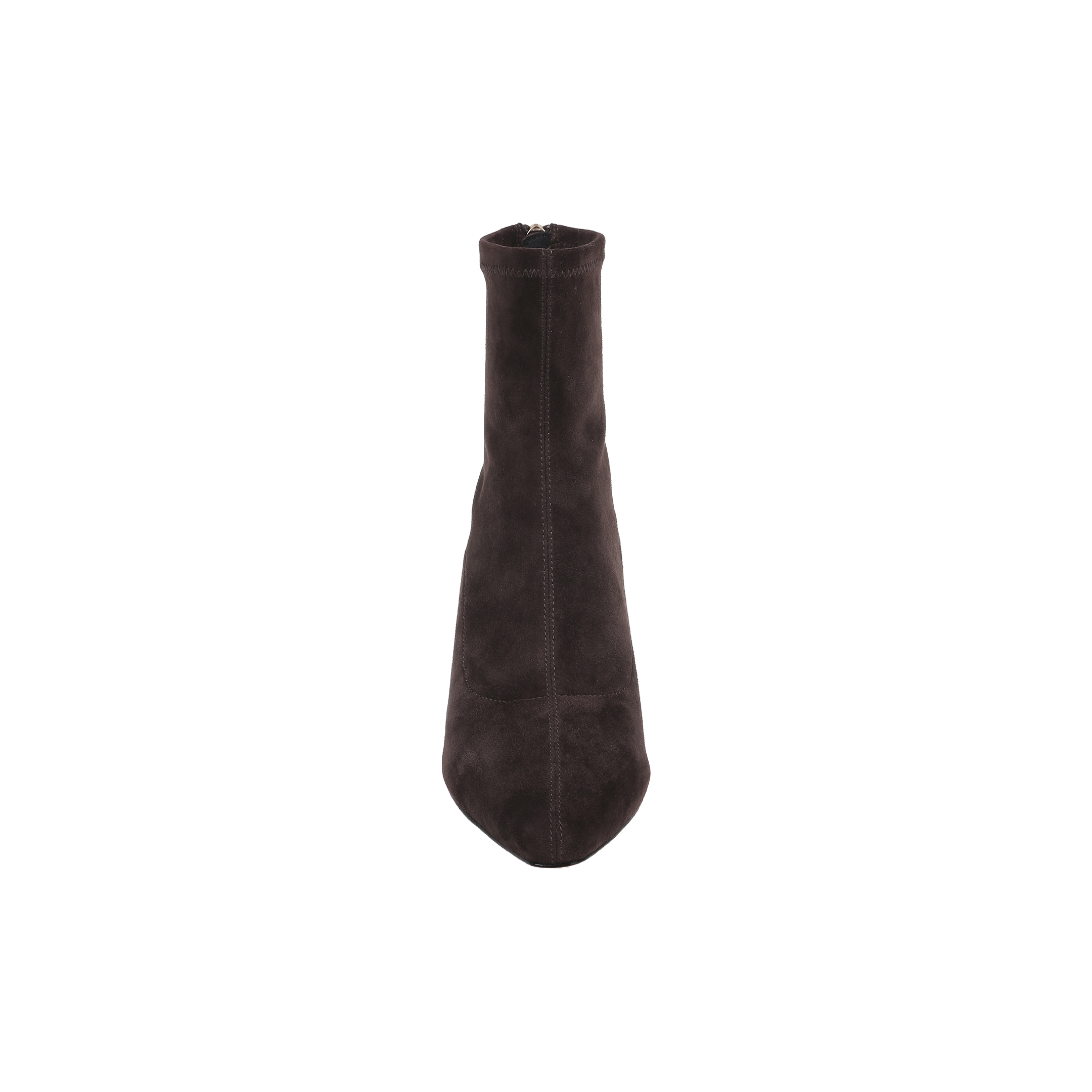 The Salome Stretch Suede Boot, shown from above on a white background, features a single dark brown suede ankle design with a pointed toe and visible central stitching.