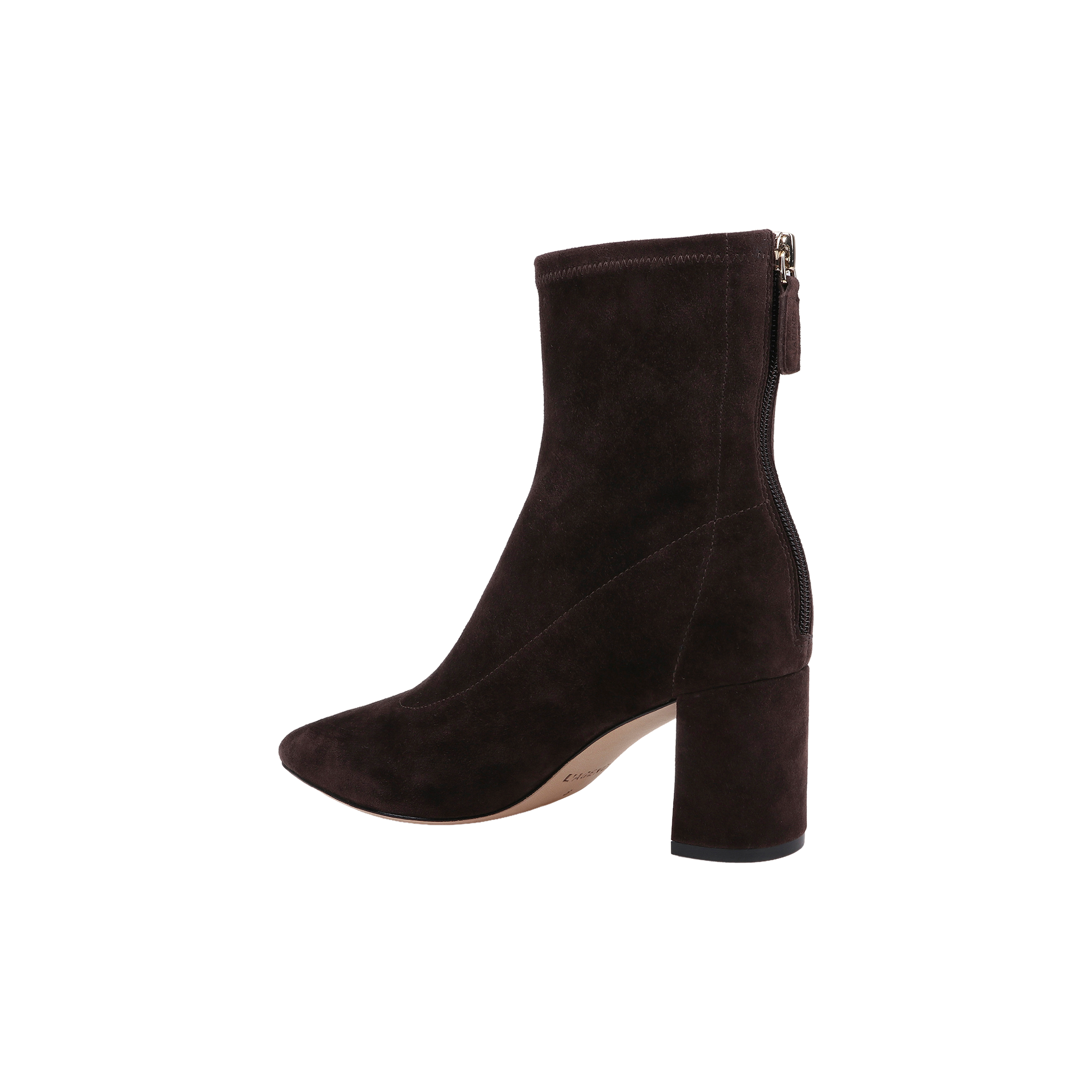 The Salome Stretch Suede Boot is a dark brown suede ankle boot with a chunky block heel and a back zipper, shown in profile against a white background.