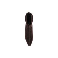 Top view of a single Salome Stretch Suede Boot in dark brown, featuring a pointed toe and block heel, set against a plain white background.