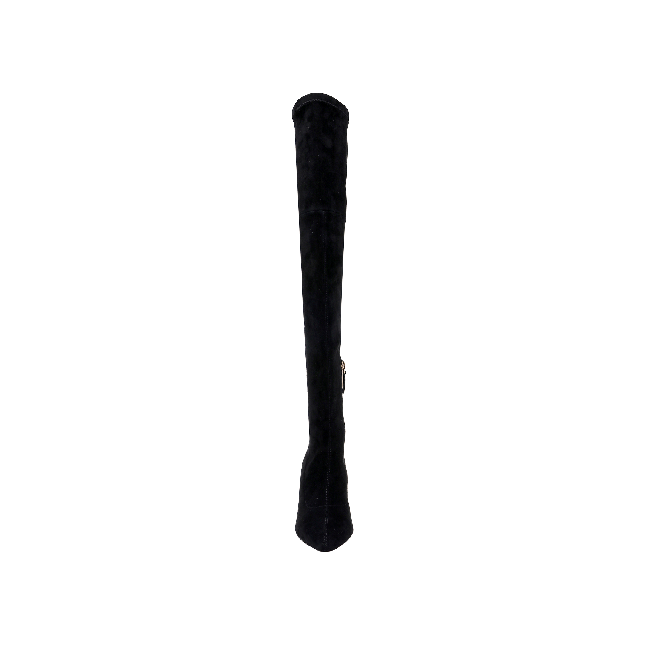 The Clarin Over-the-Knee Boot, shown from the front and centered on a plain white background, is a single black boot crafted from stretch suede and designed with a flared heel for added style.