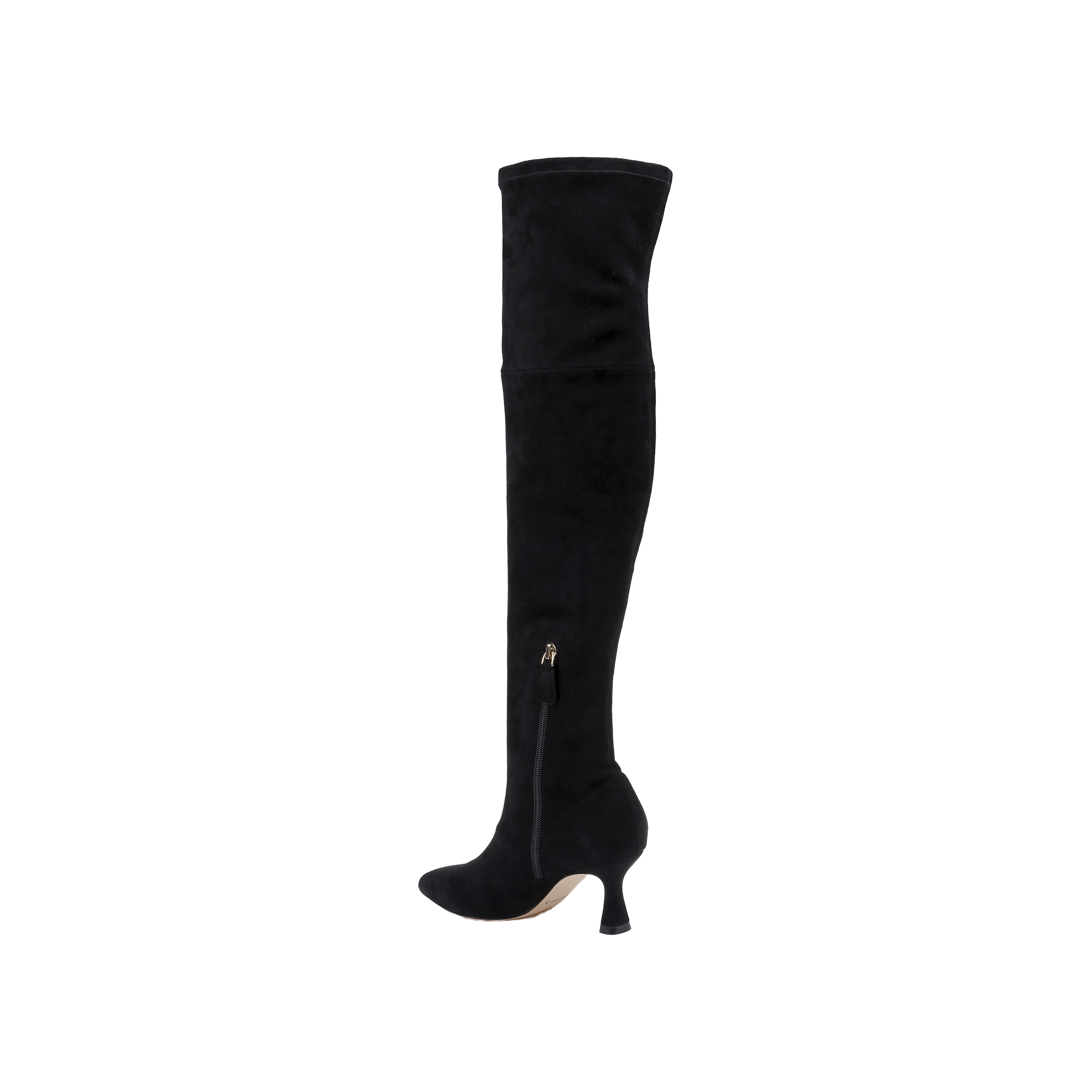 The Clarin Over-the-Knee Boot is a single black stretch suede boot featuring a pointed toe, stiletto heel, and a subtle side zipper, showcased against a plain white background.