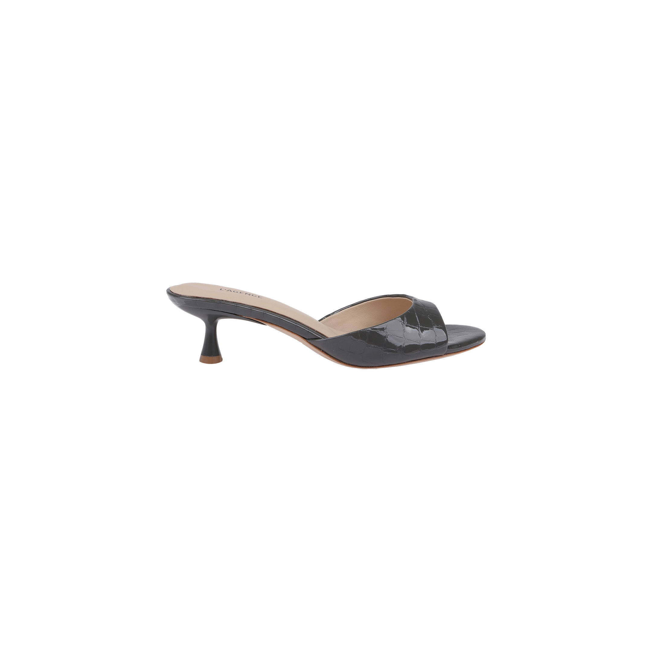 The Arleen Kitten-Heel Mule is a black open-toe shoe with a mid-height curved kitten heel and a single wide strap across the front, crafted from crocodile embossed leather and featuring a memory foam insole, shown on a white background.