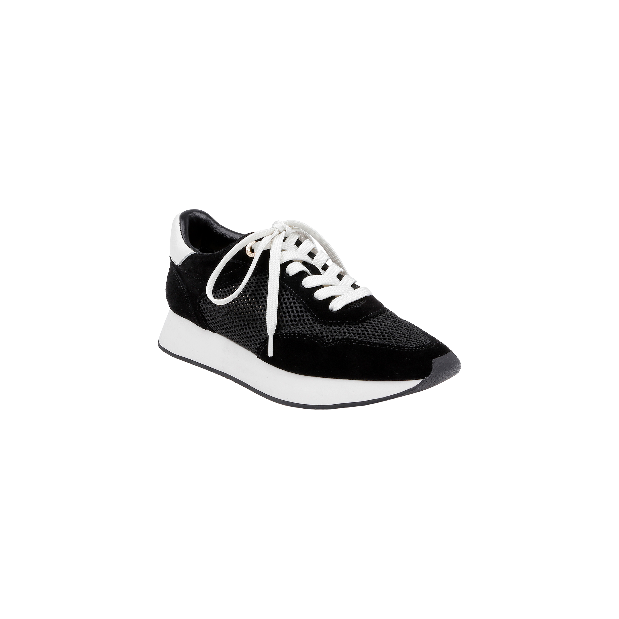 The Deepa Platform Sneaker is a black suede shoe featuring white laces, a thick white sole, black accents, a memory foam insole, and mesh detailing, shown on a plain white background.
