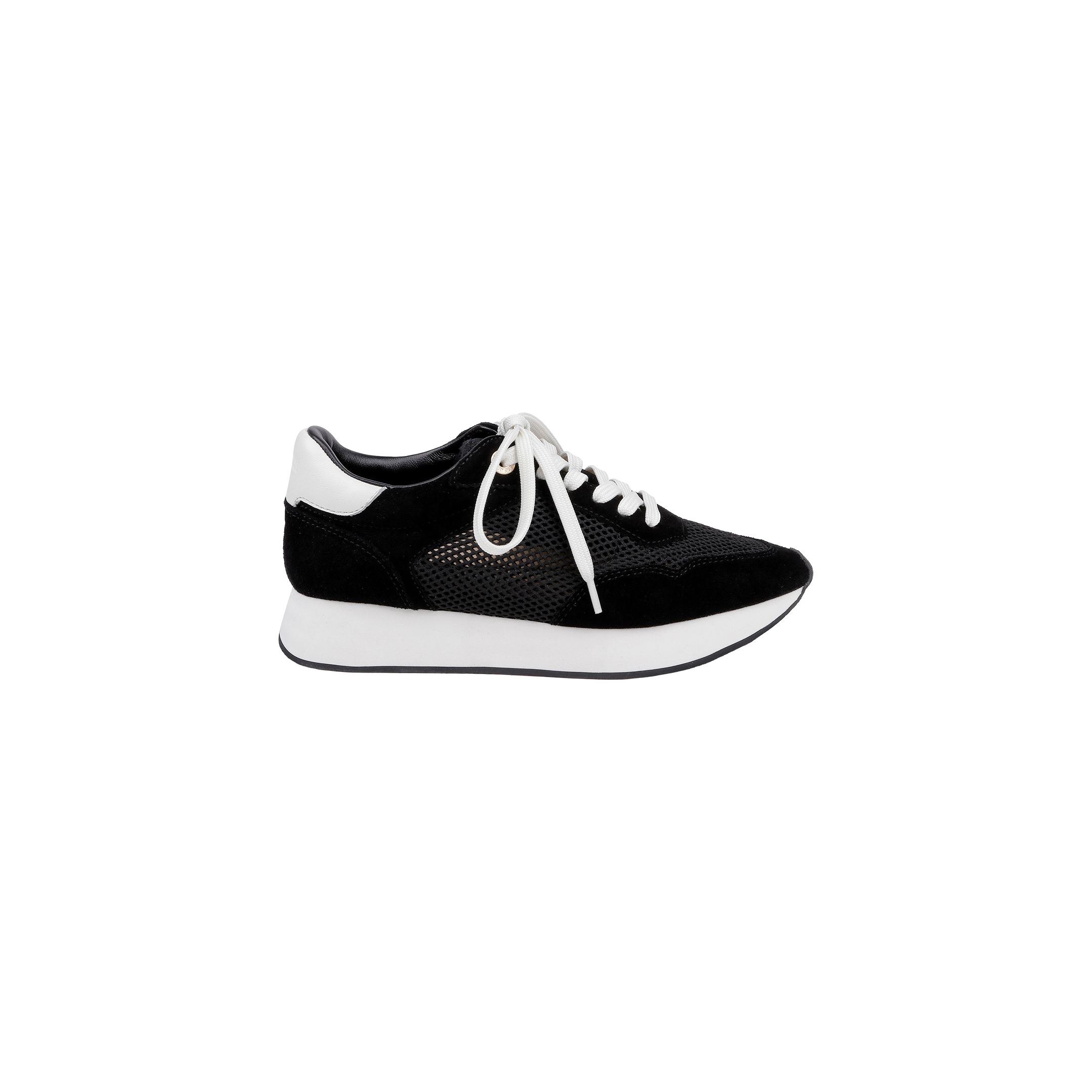 The Deepa Platform Sneaker in black suede features white laces, a white sole, and a white heel detail. Shown from the side against a plain white background, it offers all-day comfort with its memory foam insole.