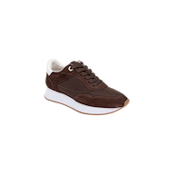 The Deepa Platform Sneaker is a chocolate suede and leather sneaker with brown laces, a white sole, and a memory foam insole, shown on a plain white background.