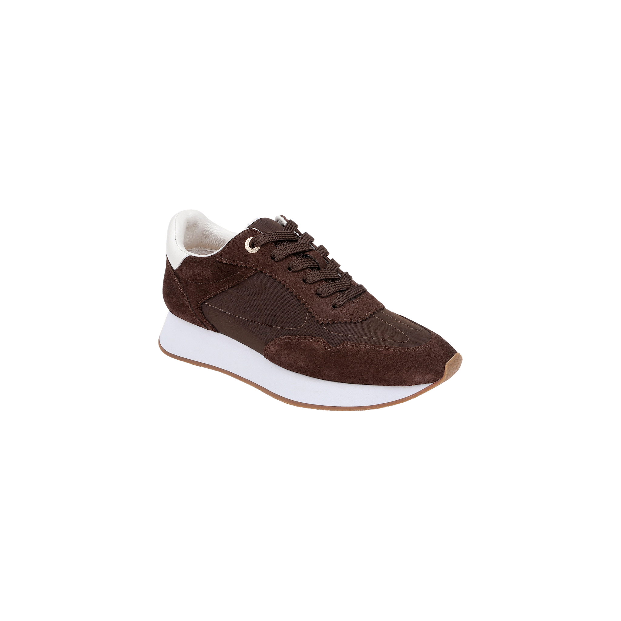 The Deepa Platform Sneaker is a chocolate suede and leather sneaker with brown laces, a white sole, and a memory foam insole, shown on a plain white background.