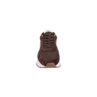 Front view of the Deepa Platform Sneaker in chocolate suede with brown laces, a white midsole, and a tan rubber outsole, featuring a comfortable memory foam insole, shown on a plain white background.