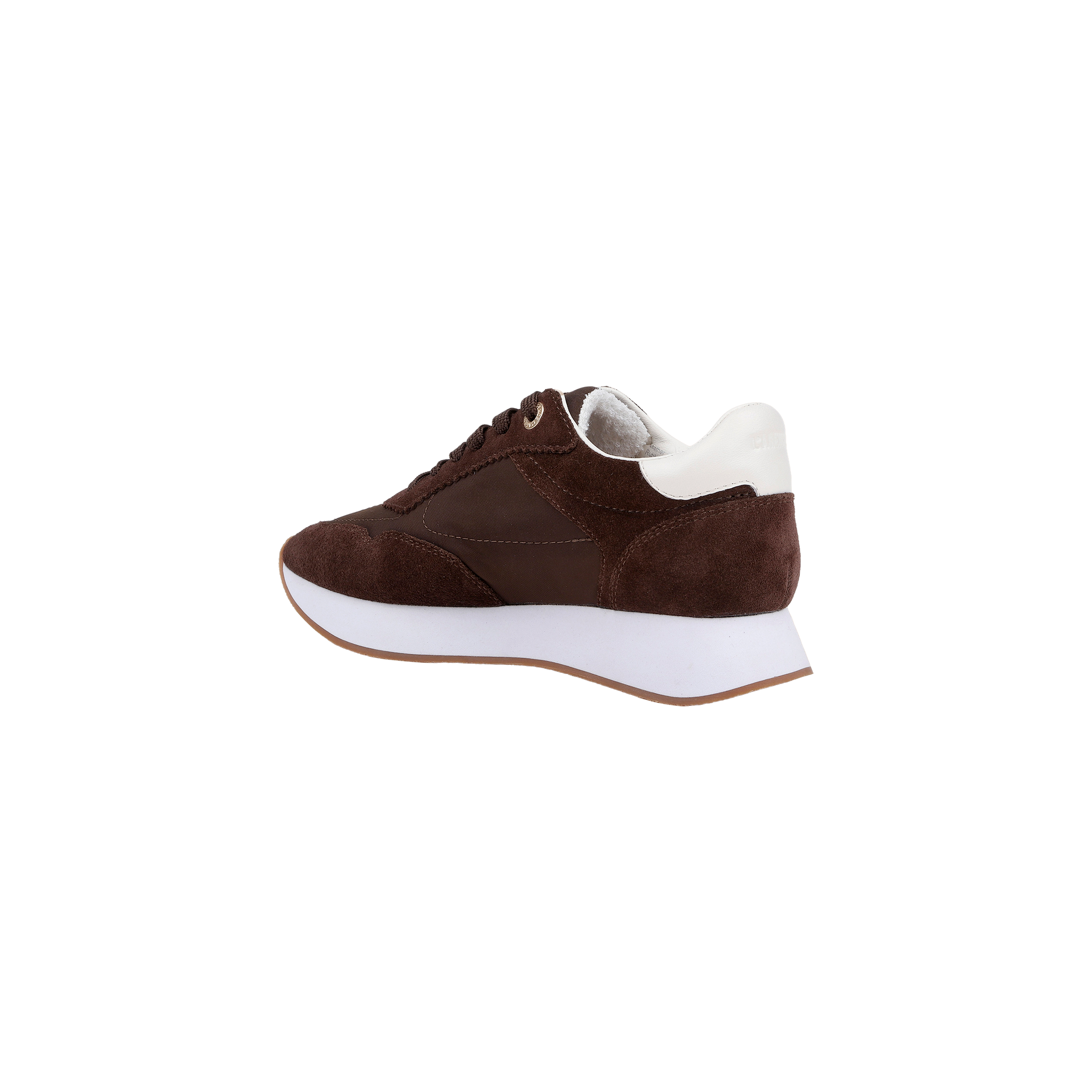 The Deepa Platform Sneaker features chocolate suede and leather construction, white laces, a contrasting white heel tab, memory foam insole, and a chunky white sole. Shown from the side on a plain white background.