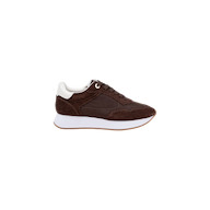 The Deepa Platform Sneaker, shown in profile on a plain white background, features chocolate suede with white accents, a thick white sole, and a memory foam insole.