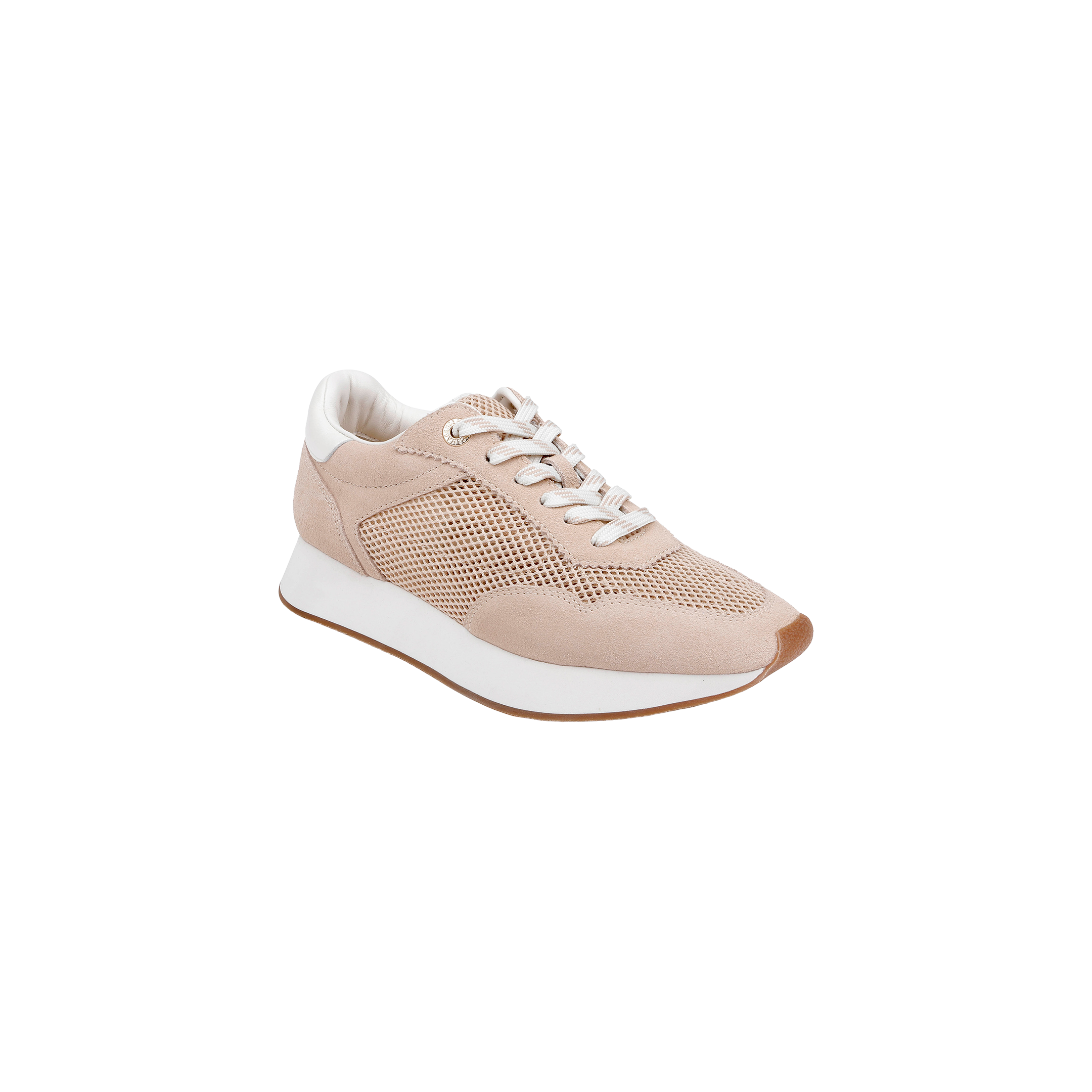 Beige and white Deepa Platform Sneaker featuring mesh panels, tan suede accents, white laces, a thick white sole, and a comfortable memory foam insole, shown against a plain white background.