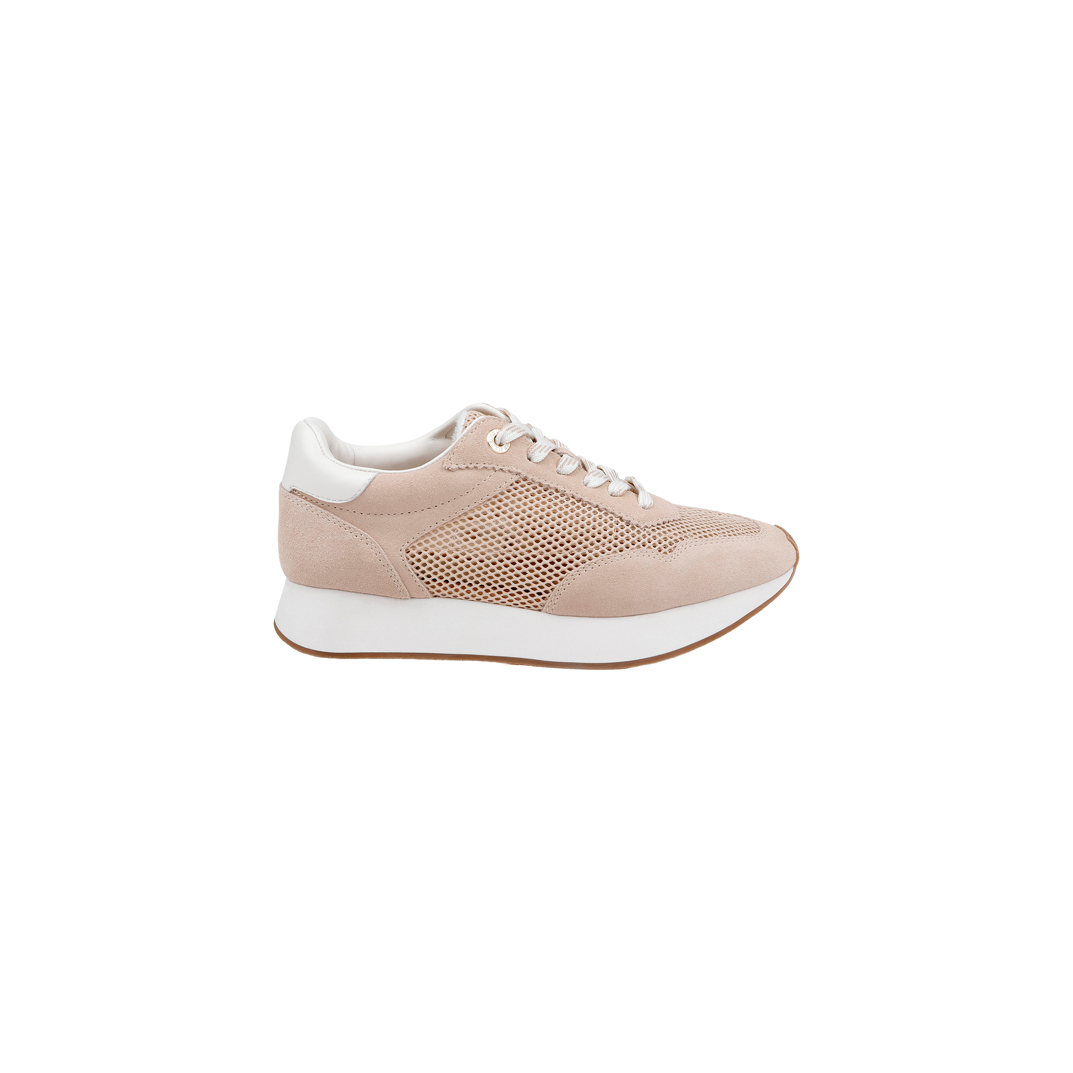 A tan suede Deepa Platform Sneaker with white accents, a white sole, and white laces, featuring a comfortable memory foam insole, shown on a plain white background.