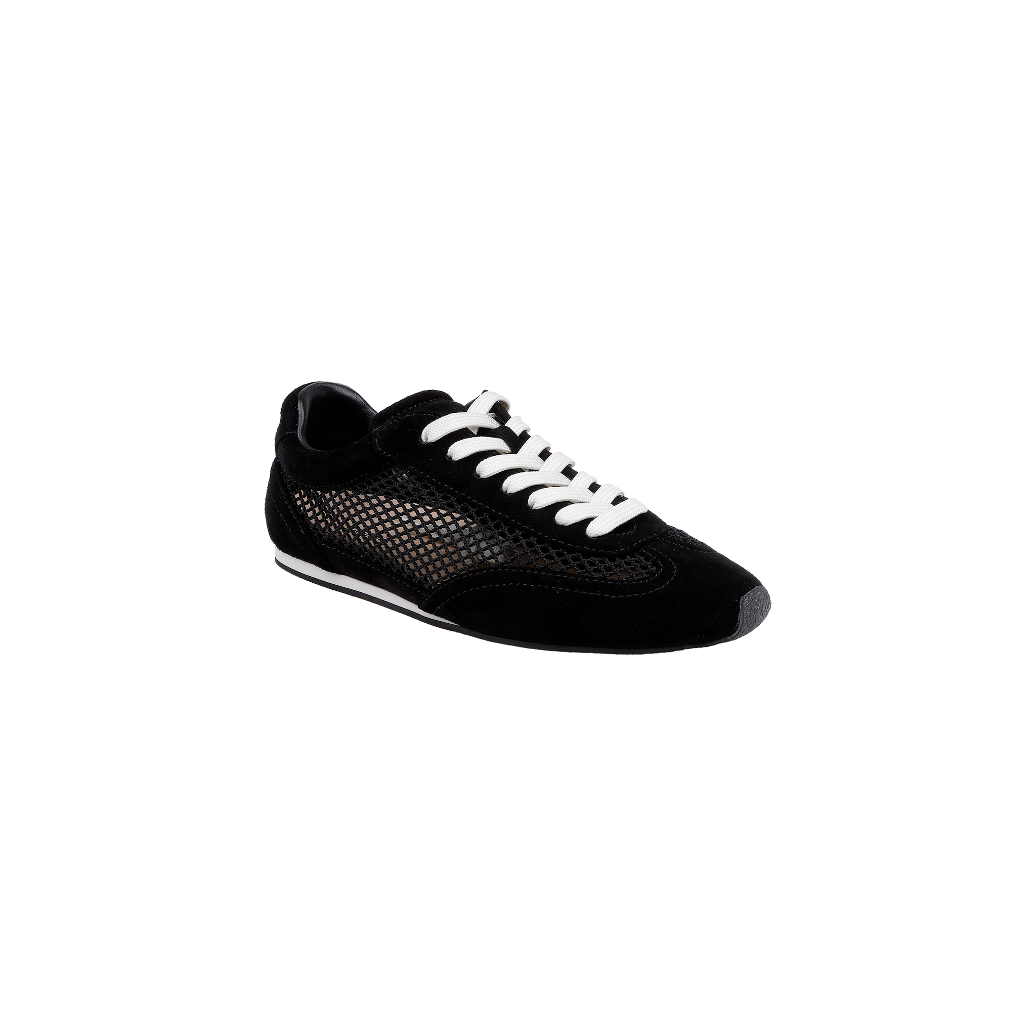 The Jarah Sneaker is a black suede sneaker with white laces, mesh side panels, and a black sole featuring a white stripe, shown against a plain white background. Designed with a memory foam insole for added comfort, these retro-inspired sneakers combine classic style and modern support.