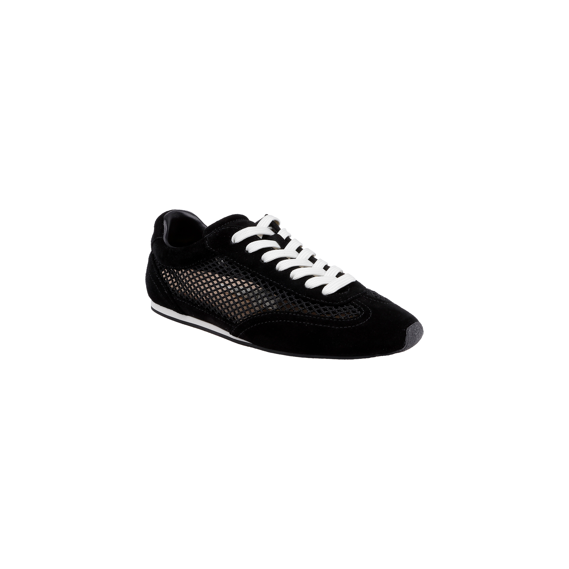 The Jarah Sneaker is a black suede sneaker with white laces, mesh side panels, and a black sole featuring a white stripe, shown against a plain white background. Designed with a memory foam insole for added comfort, these retro-inspired sneakers combine classic style and modern support.