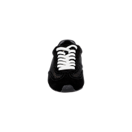 The Jarah Sneaker in black suede is shown from the front on a plain white background, featuring white laces.
