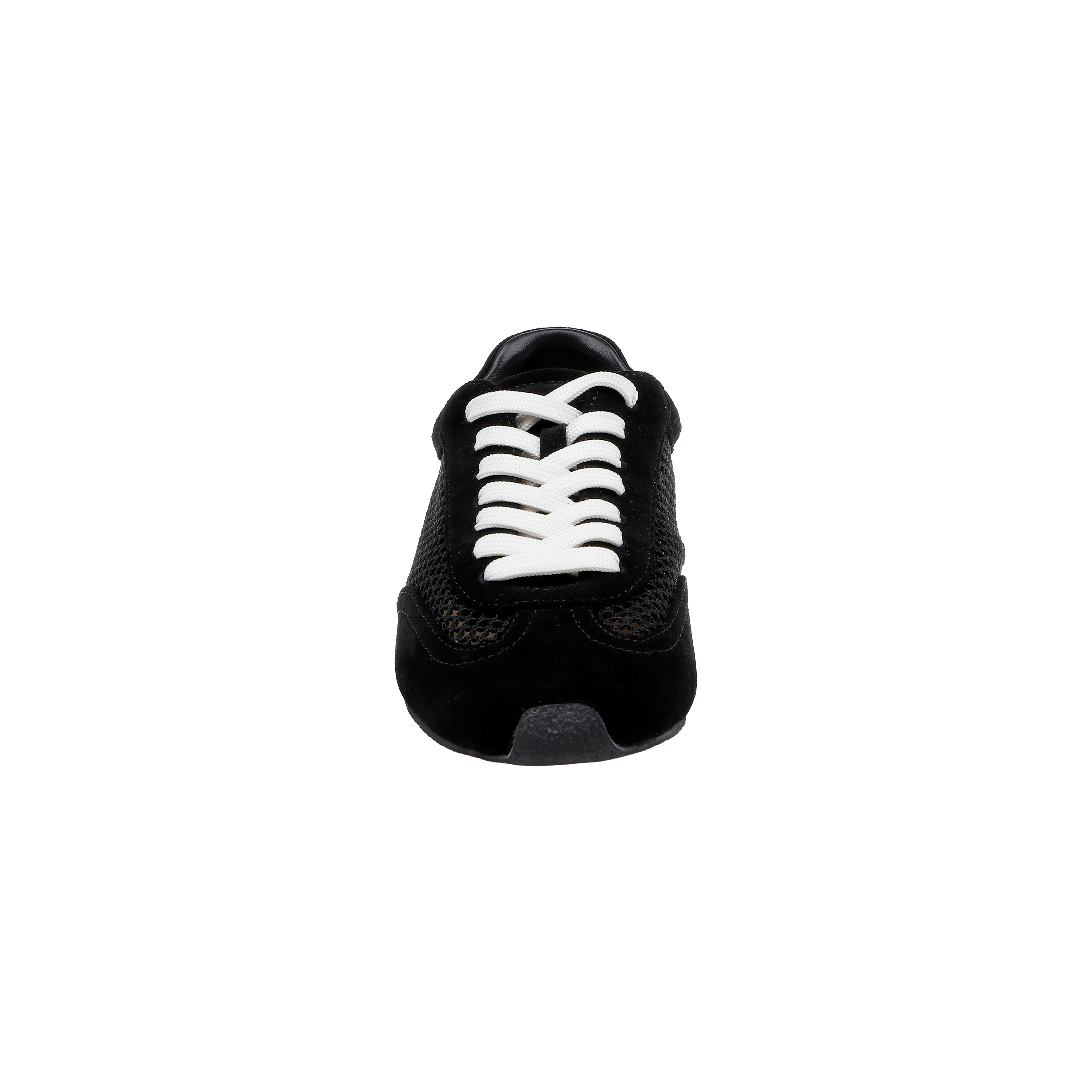 The Jarah Sneaker in black suede is shown from the front on a plain white background, featuring white laces.