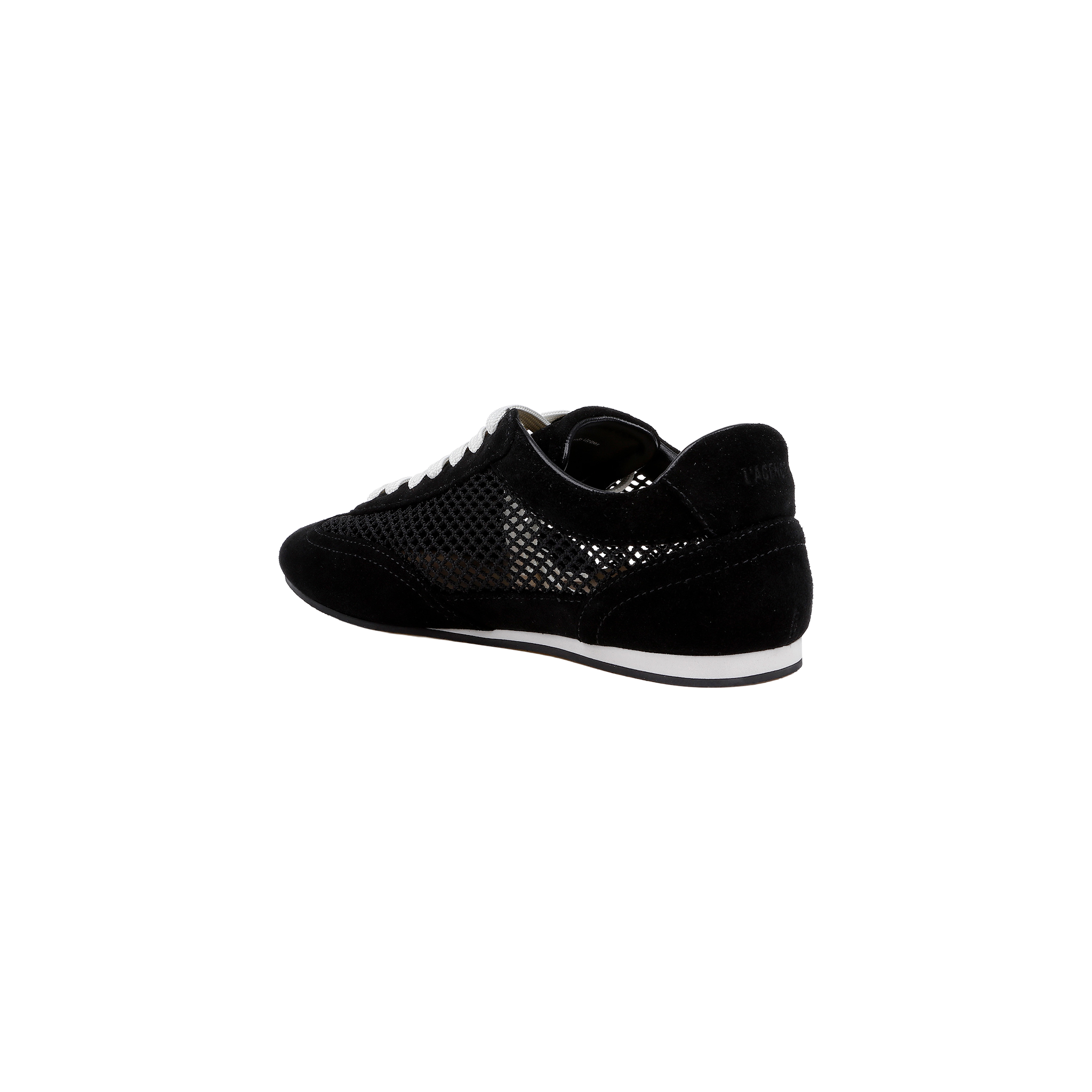 The Jarah Sneaker features black suede uppers with a shiny, textured side panel, complemented by a white sole and white shoelaces. Designed for comfort, it includes a memory foam insole. The shoes are displayed at an angle on a plain white background.