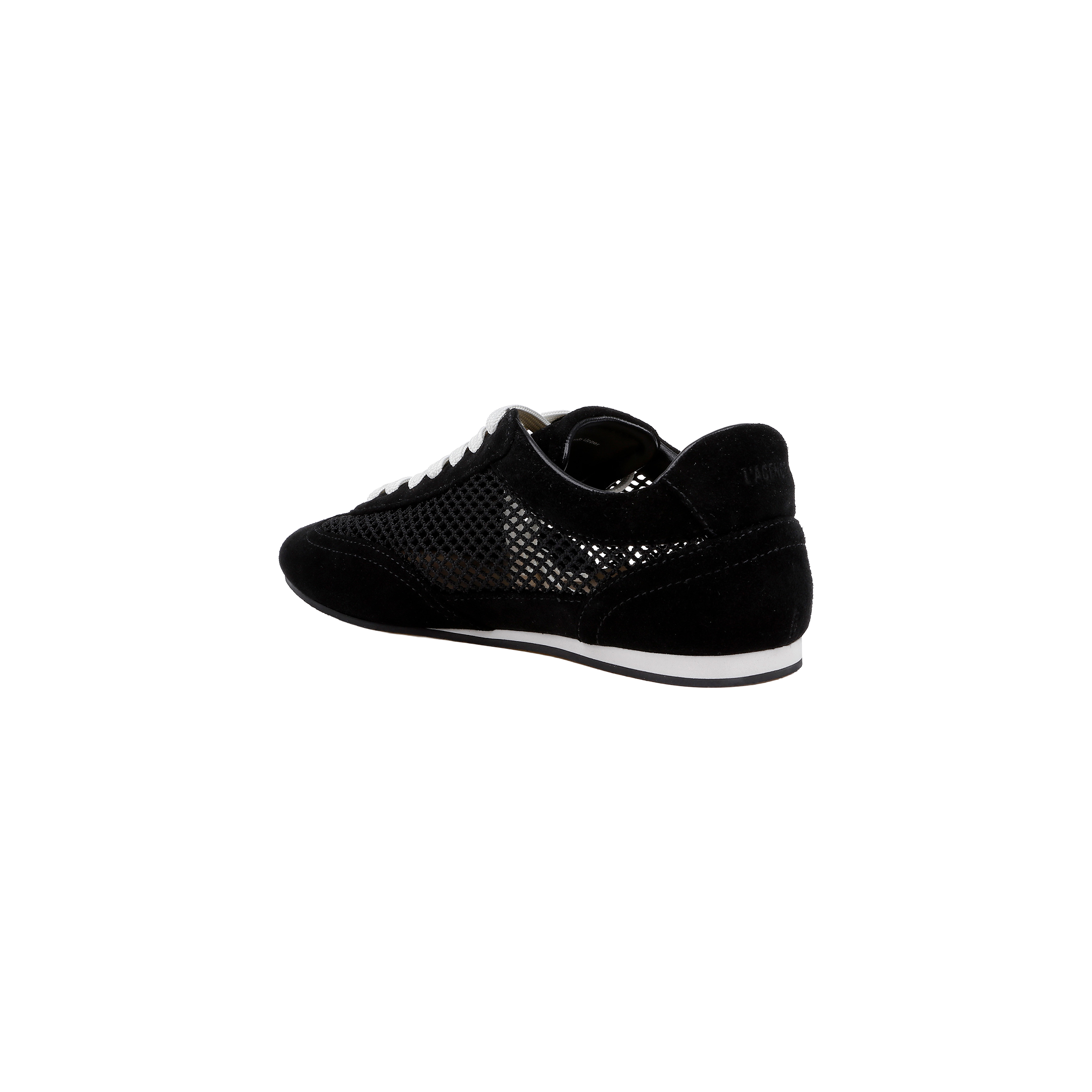 The Jarah Sneaker features black suede uppers with a shiny, textured side panel, complemented by a white sole and white shoelaces. Designed for comfort, it includes a memory foam insole. The shoes are displayed at an angle on a plain white background.