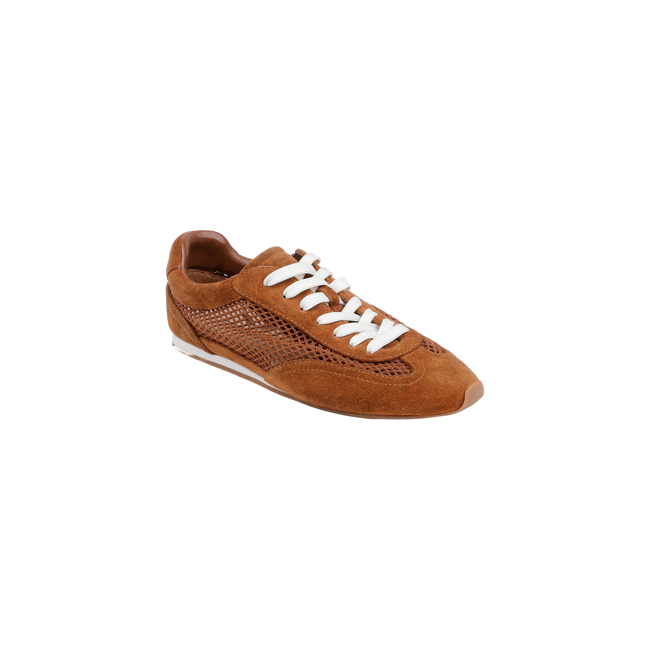 The Jarah Sneaker, crafted in brown suede with white laces and mesh side panels, features a memory foam insole for added comfort and is displayed on a plain white background.