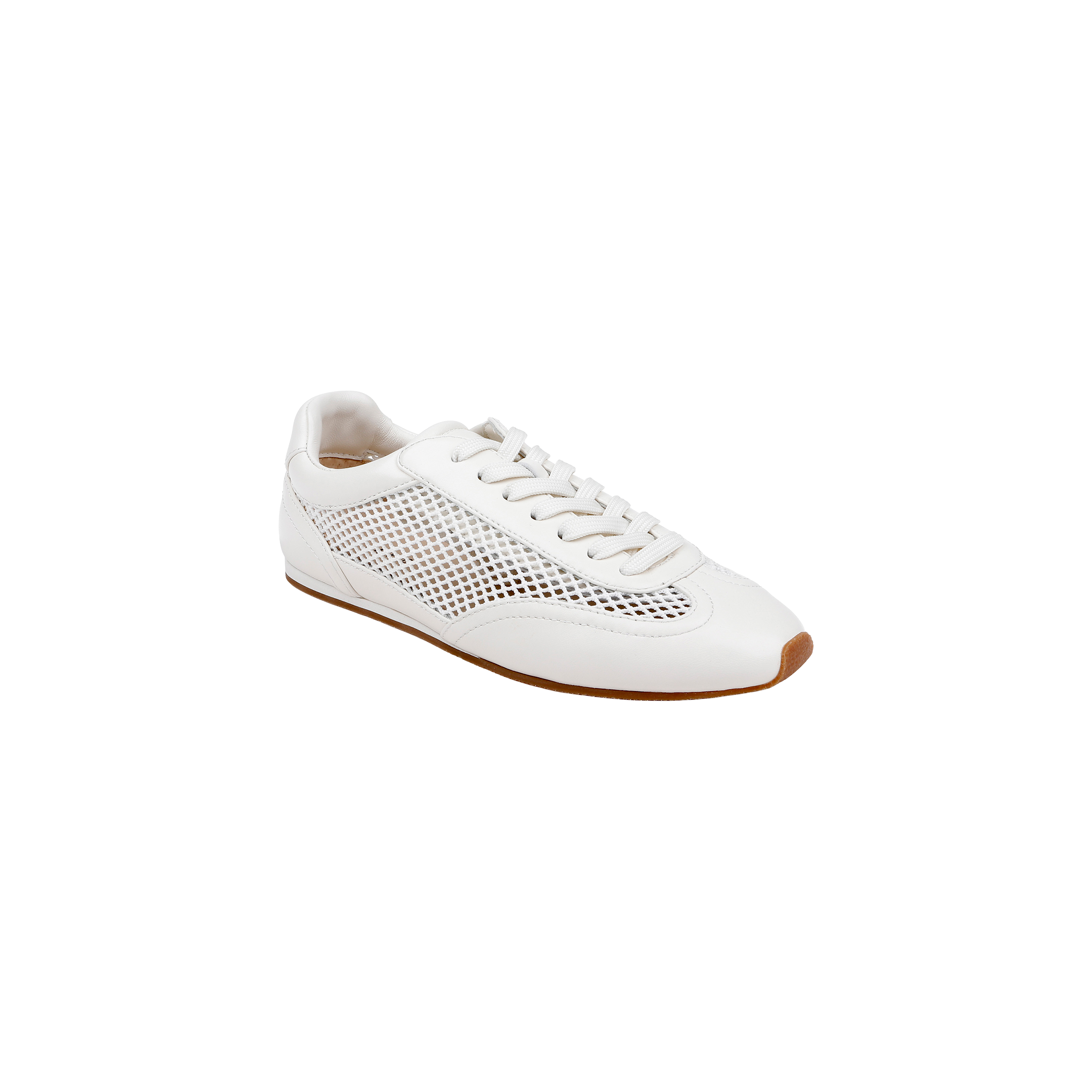 The Jarah Sneaker is a retro-inspired white leather sneaker featuring mesh side panels, white laces, and a light brown rubber sole. Designed for comfort with a memory foam insole, it’s presented against a plain white background.