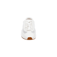 Front view of the Jarah Sneaker in white leather with mesh panels, white laces, and a brown gum sole, set against a plain white background. This retro-inspired sneaker offers all-day support with its comfortable memory foam insole.