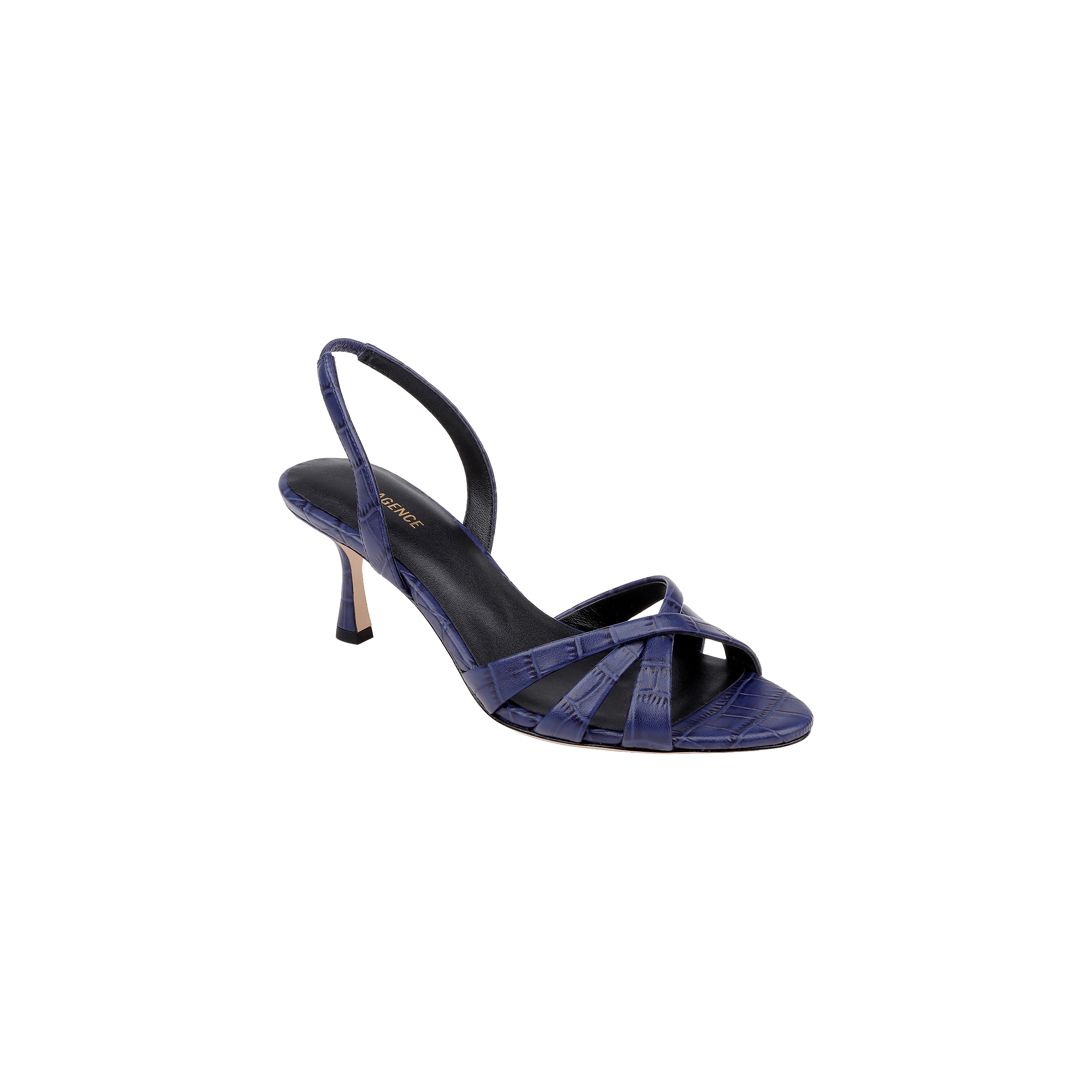 The Colwill Slingback Sandal, featuring a single navy blue croc-embossed design with an open toe, crisscross straps, and a mid heel, is set against a plain white background.
