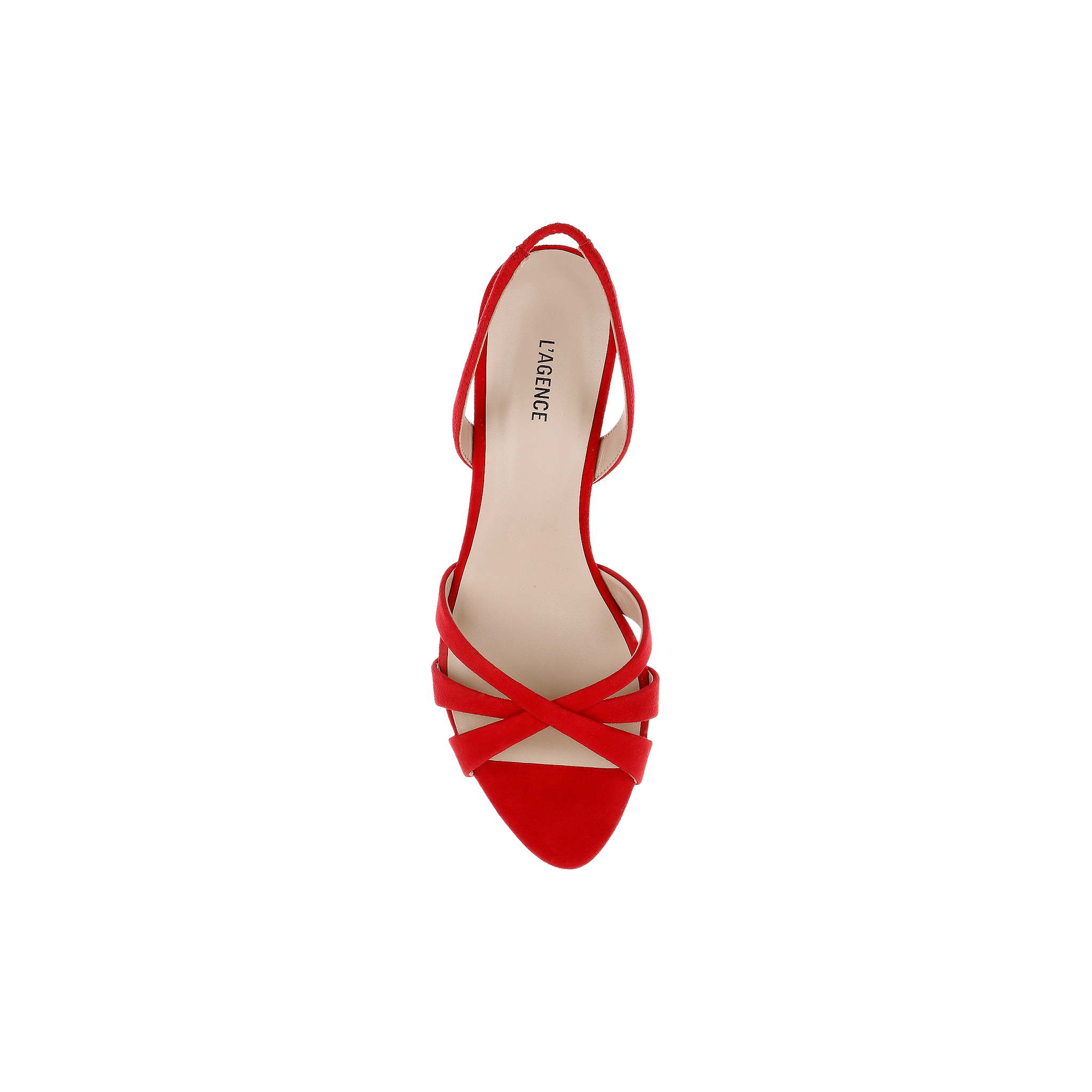 Colwill Slingback Sandal in red suede with crisscross straps, mid heel, pointed toe, and beige insole, shown from above on a white background.