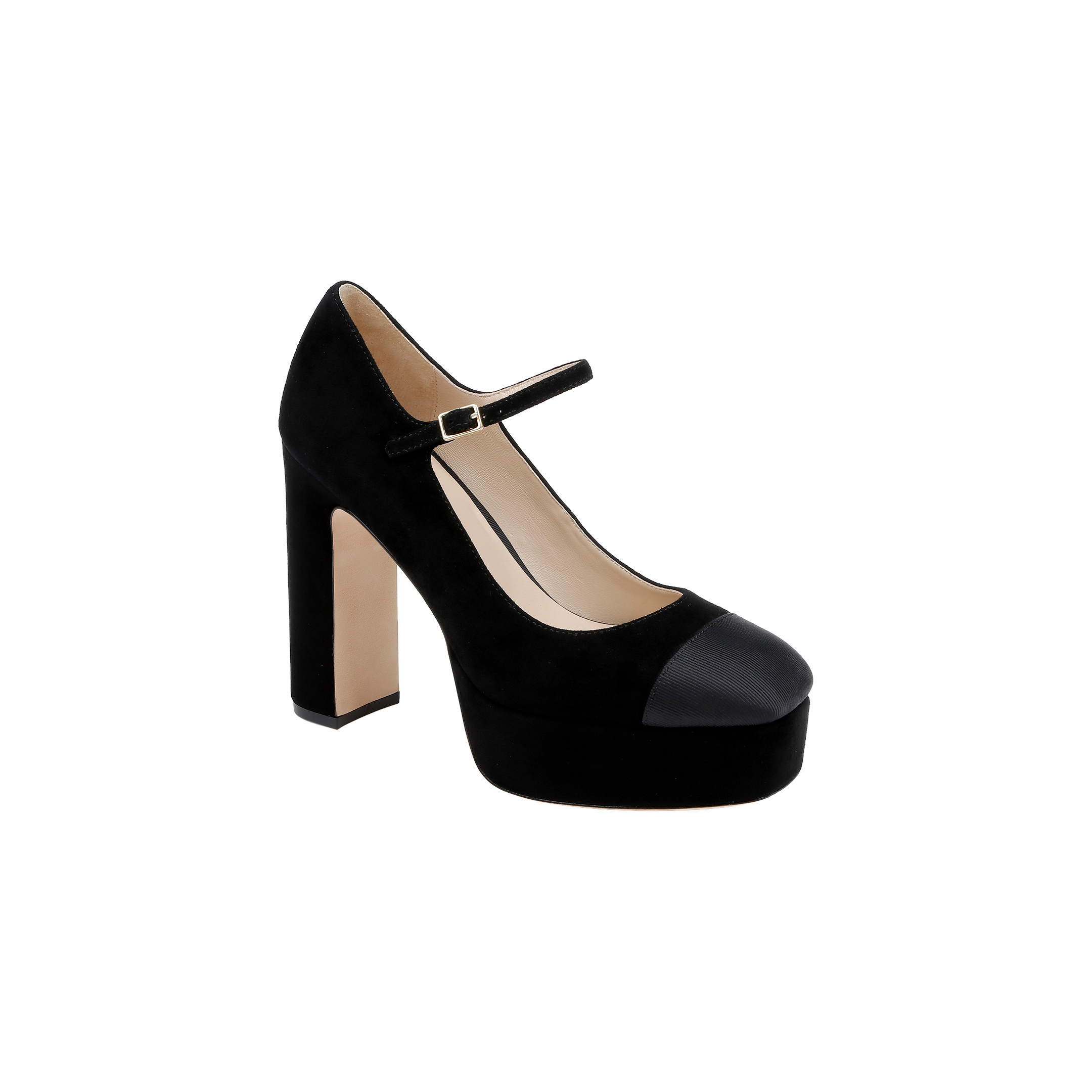 The Lilles Platform Pump is a black suede Mary Jane high heel featuring a thick block heel, square toe pump silhouette, ankle strap with buckle, and a contrasting black leather cap toe, displayed on a plain white background.