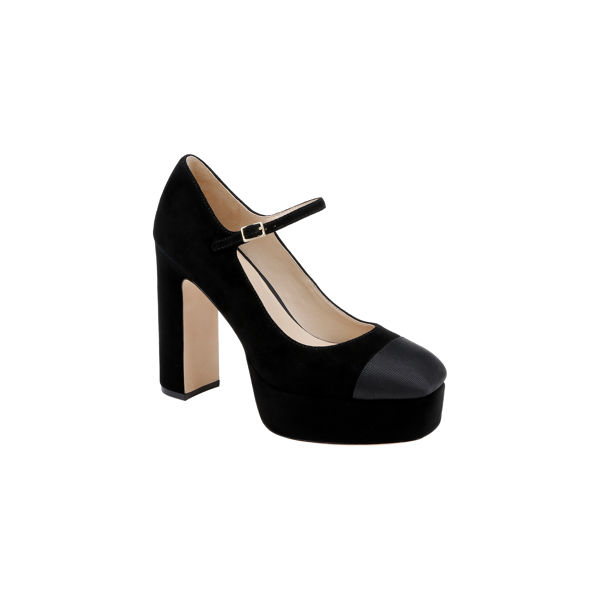 The Lilles Platform Pump is a black suede Mary Jane high heel featuring a thick block heel, square toe pump silhouette, ankle strap with buckle, and a contrasting black leather cap toe, displayed on a plain white background.