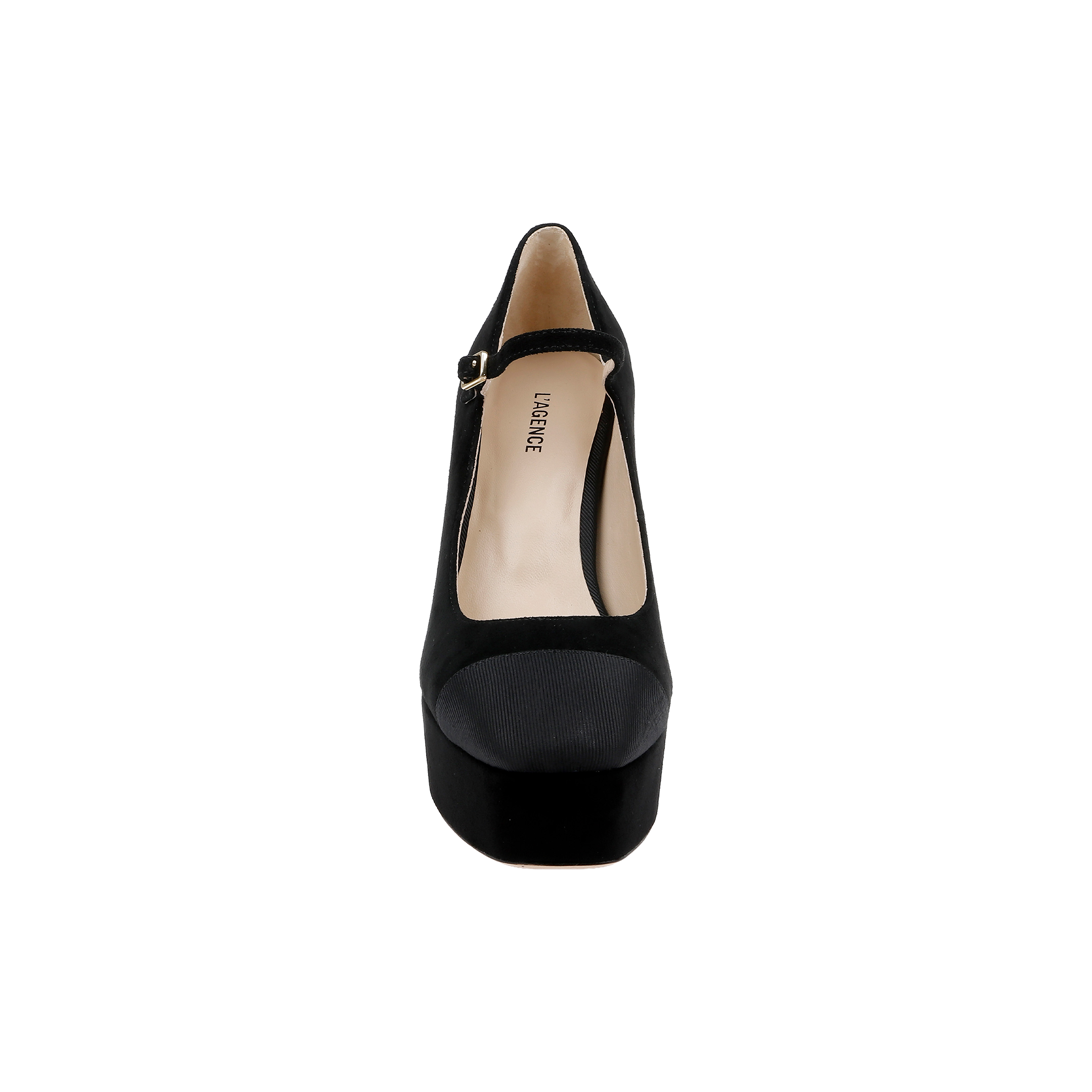 Front view of a single Lilles Platform Pump in black suede, featuring a closed round toe and a thin ankle strap, displayed on a plain light background.