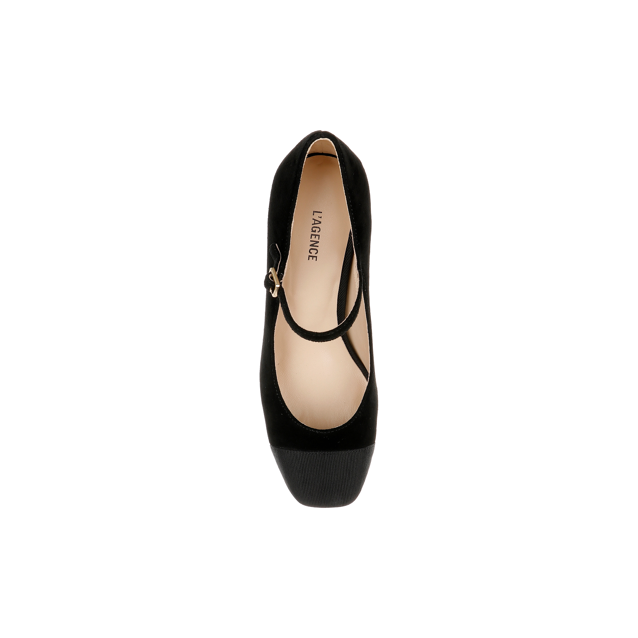 Top view of a single Lilles Platform Pump in black, featuring a rounded toe, thick platform sole, and an angled strap with a small gold buckle, displayed on a white background.