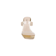 A clear, open-toe slip-on heeled sandal named the Farrell Wedge Espadrille, featuring a transparent strap and modern square toe silhouette, is shown from the front against a white background. This style showcases the sleek design of clear vamp sandals combined with the contemporary appeal of a square toe.