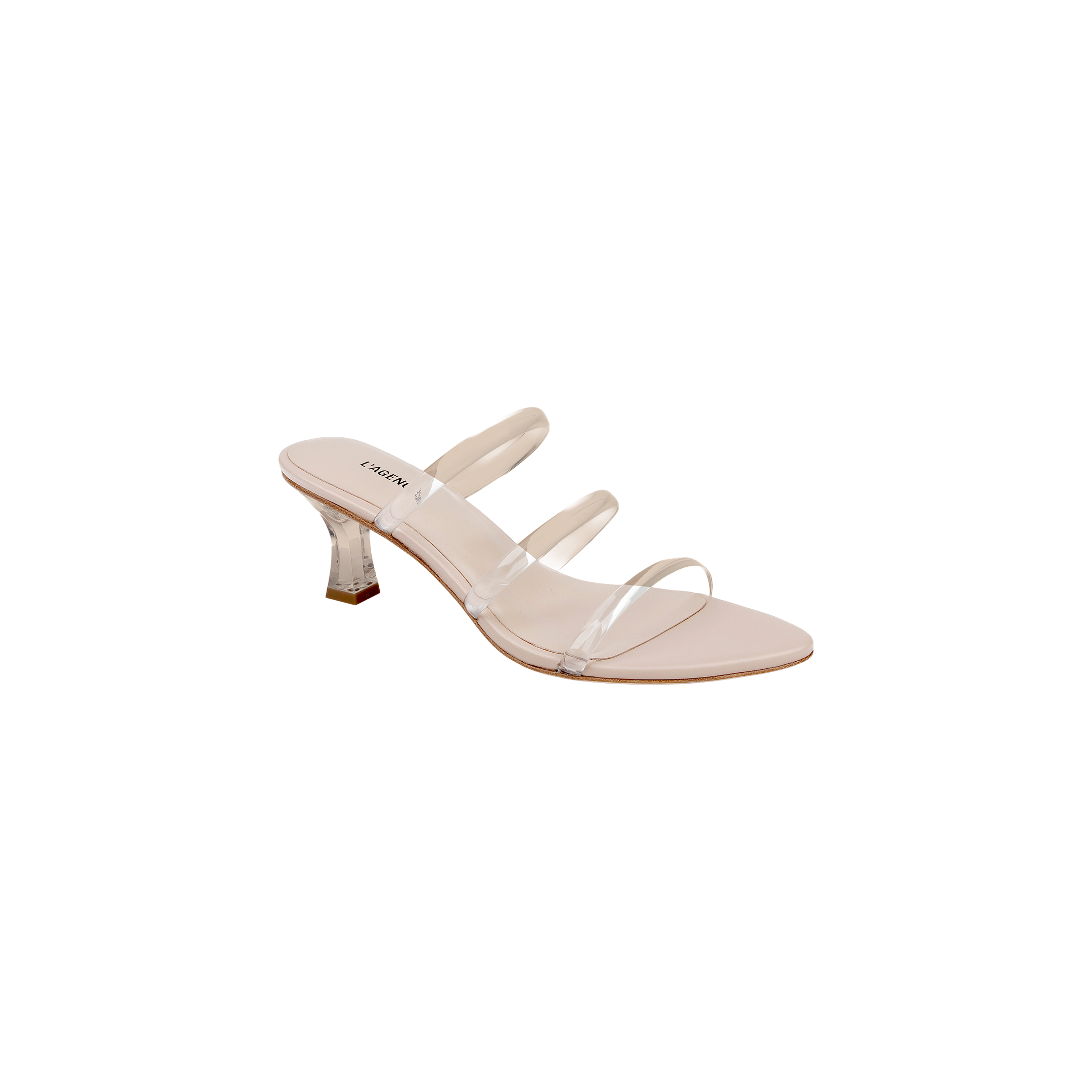 The Ludovica Kitten-Heel Sandal is a beige minimalist mule with three vinyl bands and a clear acrylic mid-height heel, showcased against a plain white background.