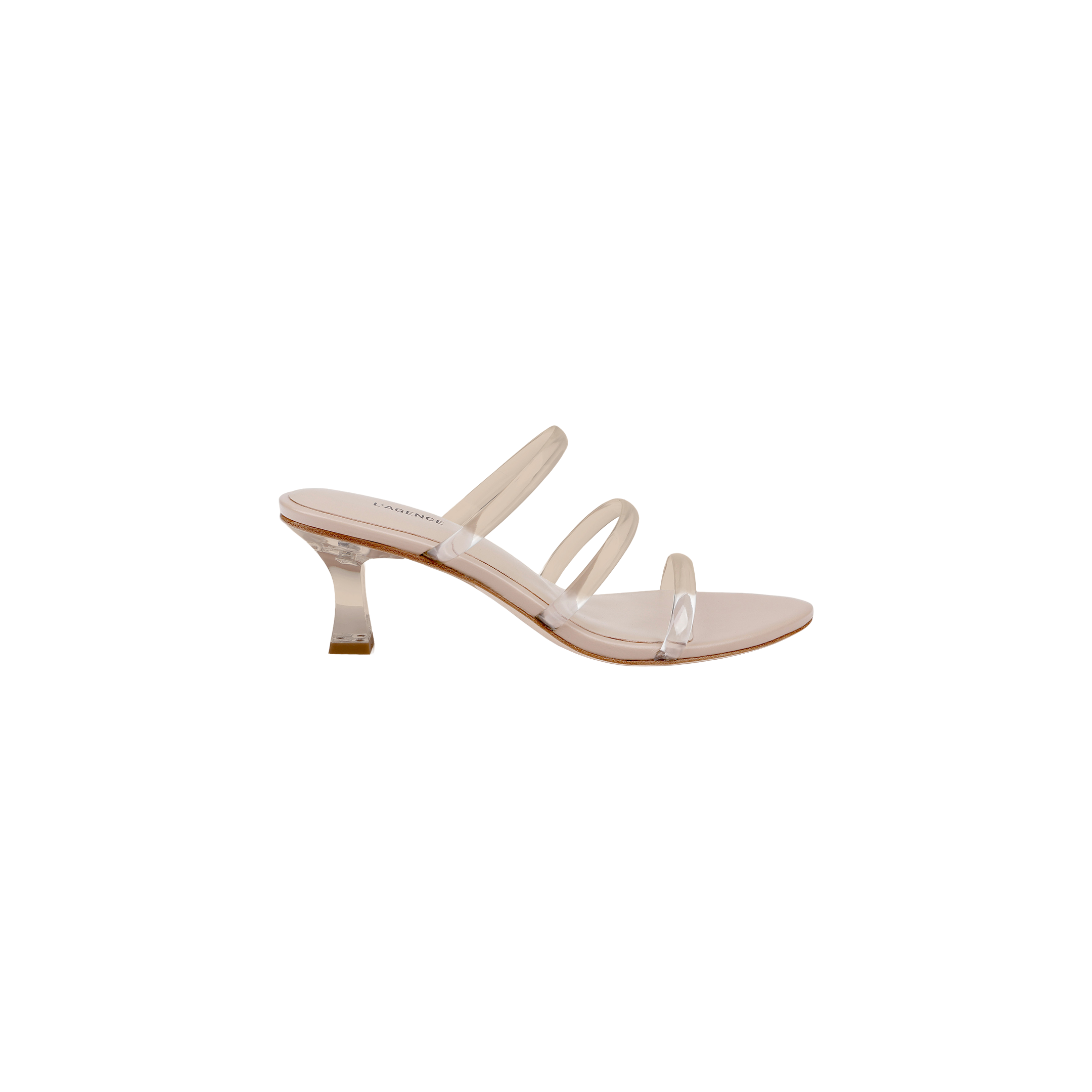 The Ludovica Kitten-Heel Sandal features a single clear silhouette with three transparent vinyl bands and a short, clear acrylic heel, shown in profile against a plain white background. This minimalist mule delivers an effortlessly chic look.