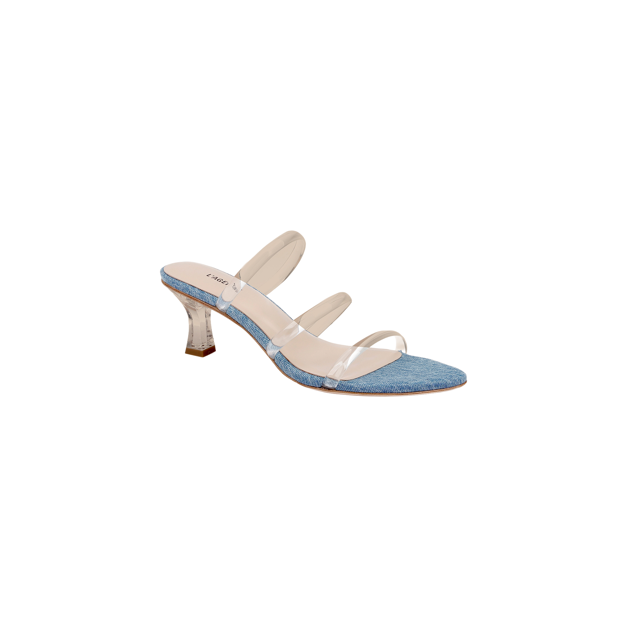 The Ludovica Kitten-Heel Sandal is a fashionable denim mule featuring a blue denim sole, three clear vinyl straps across the foot, and a translucent curved heel, displayed on a white background.