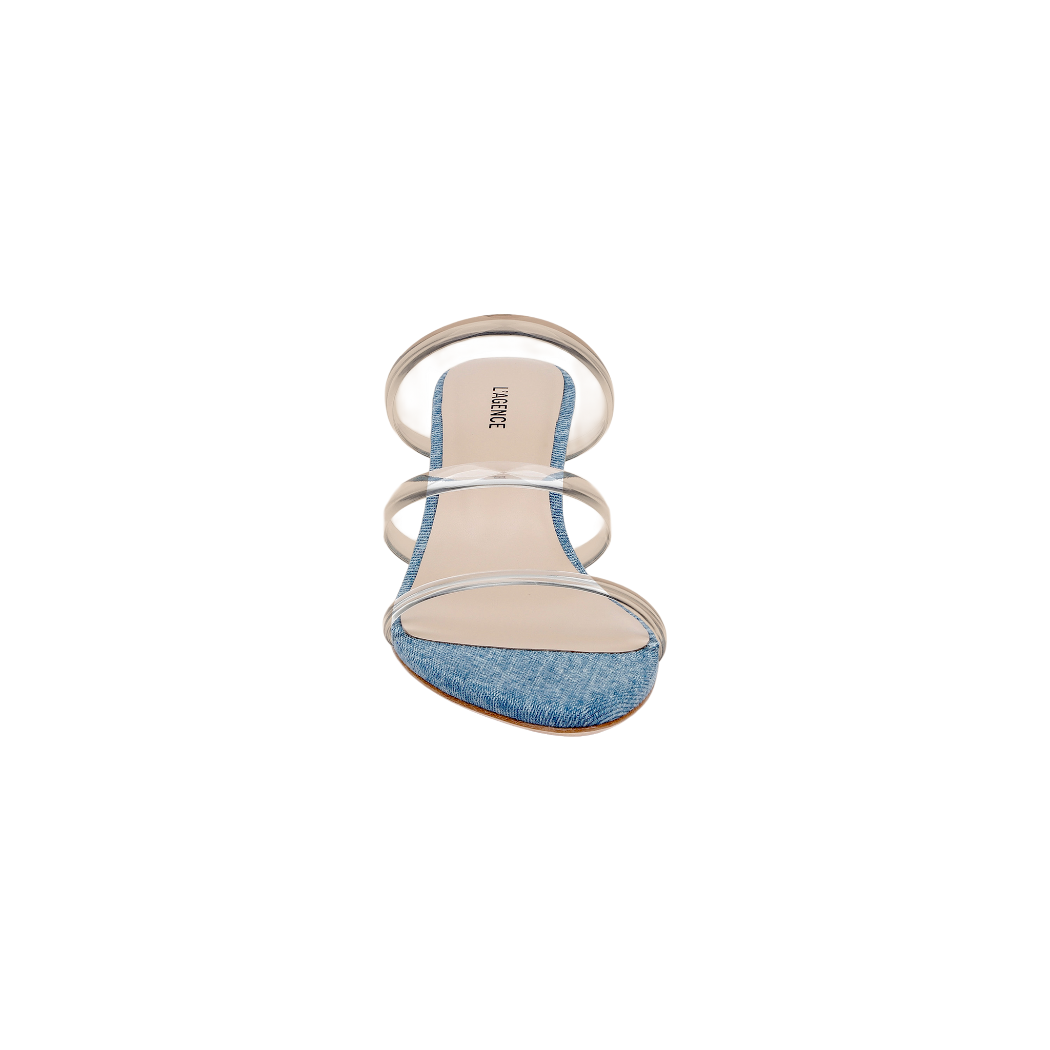 The Ludovica Kitten-Heel Sandal is a single open-toe mule featuring a denim front strap, two clear vinyl straps across the top, and a beige insole, displayed against a white background.