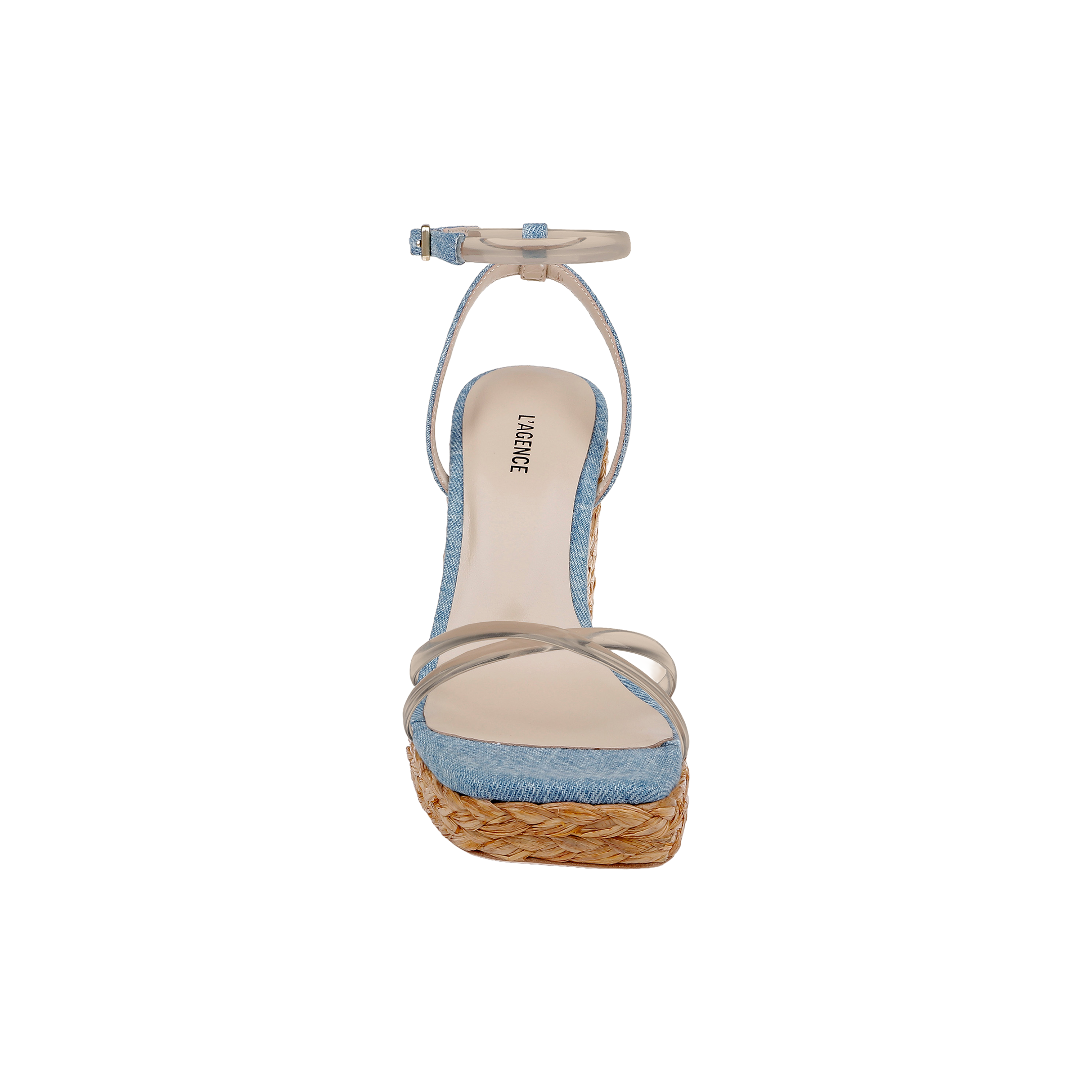 Front view of the Malone Wedge Espadrille, featuring a denim blue upper, beige ankle strap, tan sole, and a woven raffia wedge platform heel in a bohemian espadrille design, displayed on a plain white background.