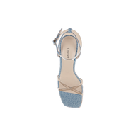 Introducing the Malone Wedge Espadrille: a blue denim sandal with a square toe, beige memory foam insole featuring the brand name, and thin beige ankle and foot straps. Photographed from above on a plain white background.