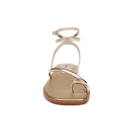 The Mariana Leather Sandal, crafted from gold lizard-embossed leather, features a toe loop, slender ankle tie strap, and a minimalist metallic design, displayed from the front on a white background.