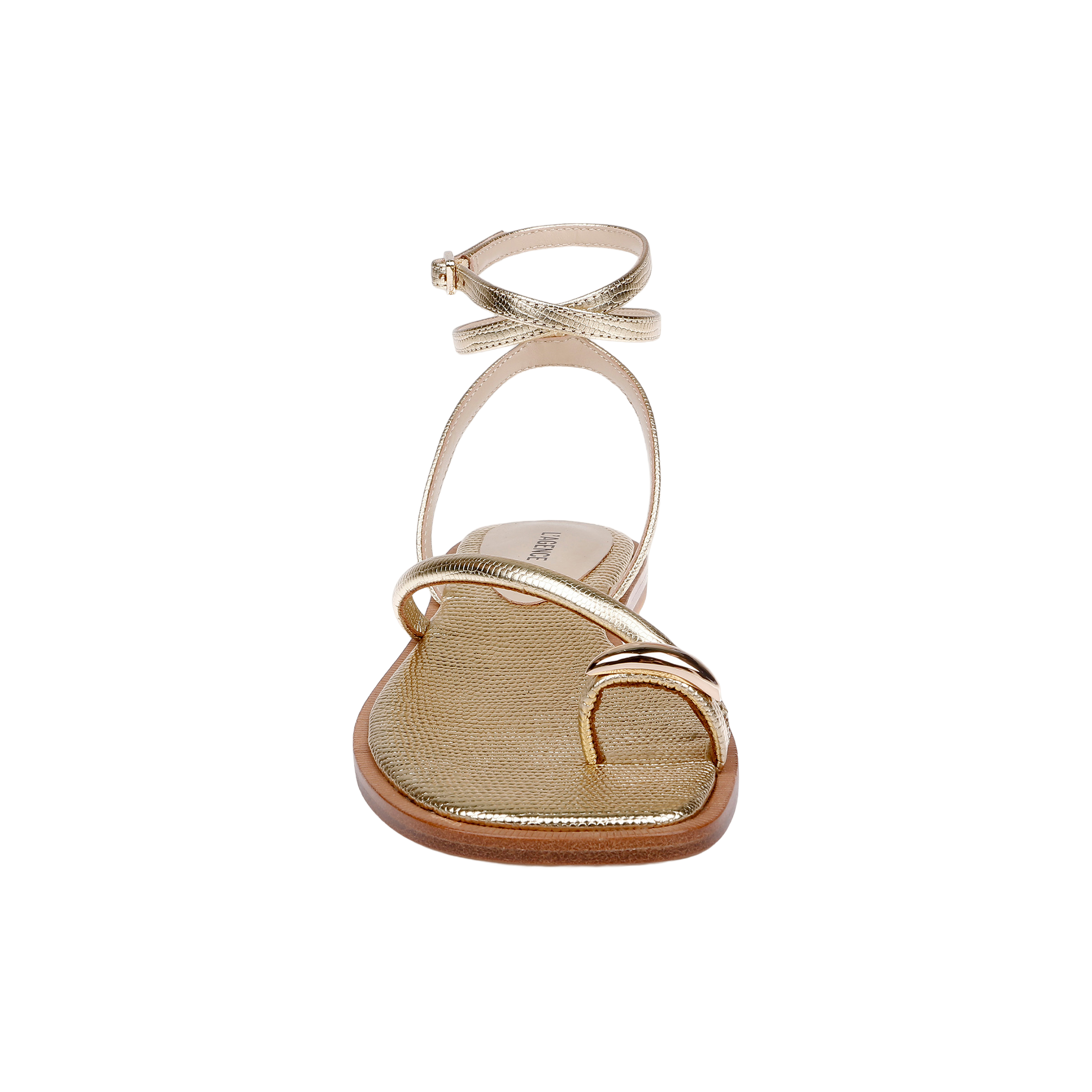 The Mariana Leather Sandal, crafted from gold lizard-embossed leather, features a toe loop, slender ankle tie strap, and a minimalist metallic design, displayed from the front on a white background.