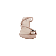 Front view of the Maritza Wedge Sandal in beige, featuring an open toe design with two soft straps—one crossing the top of the foot and one over the toes—a metallic ring accent, and a comfortable memory foam insole.